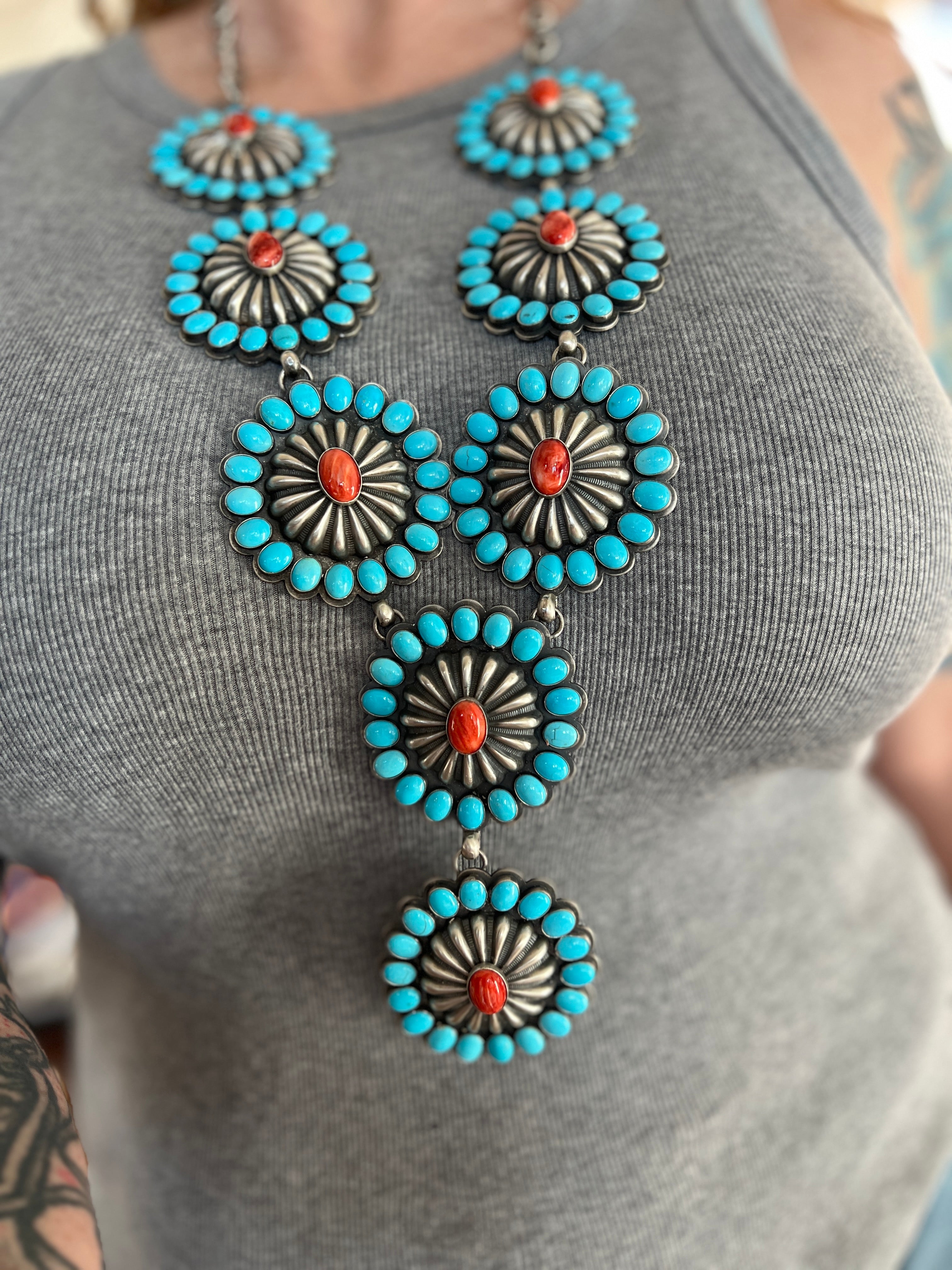 Handcrafted Amazing Spiny Oyster, Kingman Turquoise & Sterling Silver Lariat Necklace by Gilbert Platero