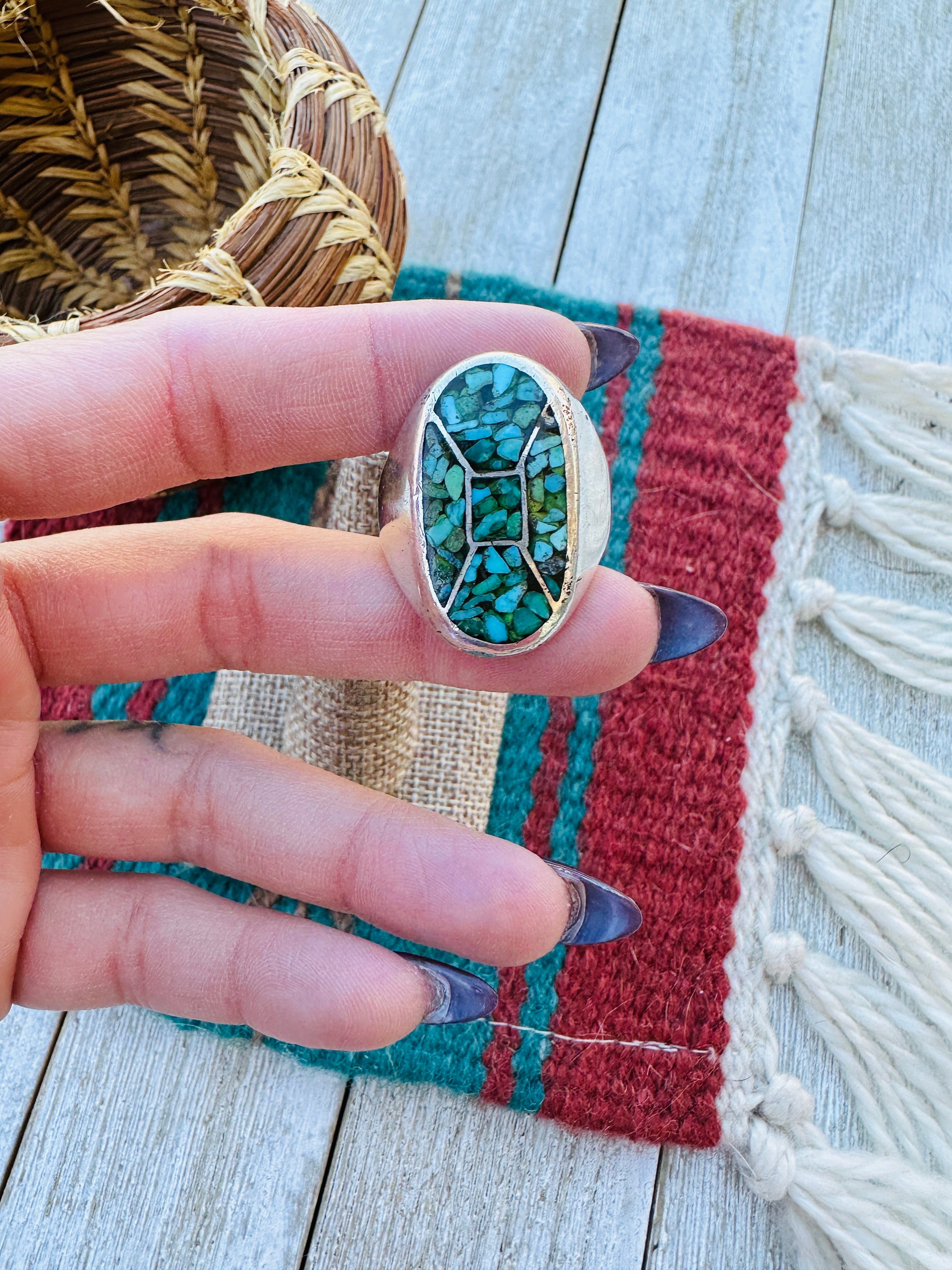 Old Pawn Handcrafted Kingman Turquoise & Sterling Silver Cigar Band Ring Size 11.75