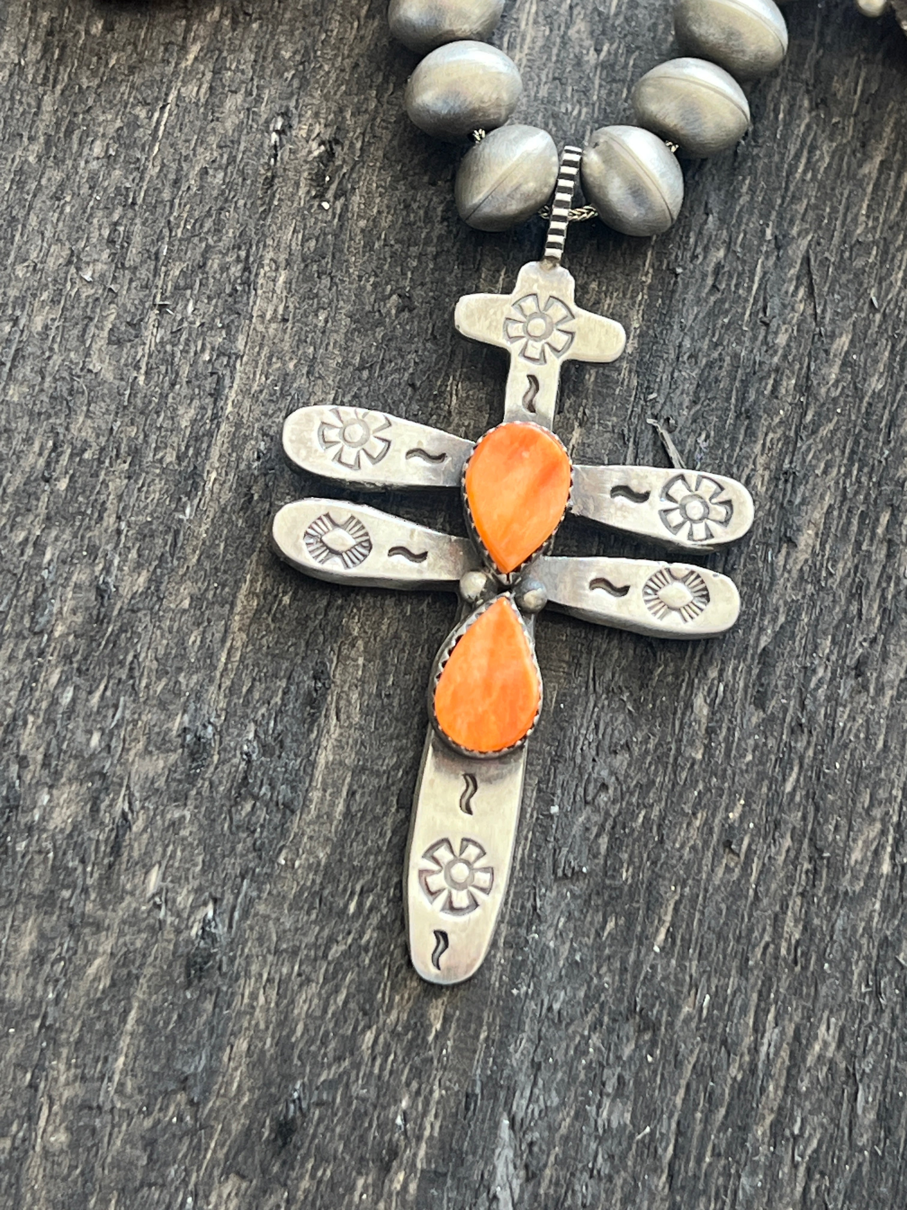 Handcrafted Sterling Silver And Orange Spiny Oyster Shell Dragonfly Bead Necklace by Selena Warner