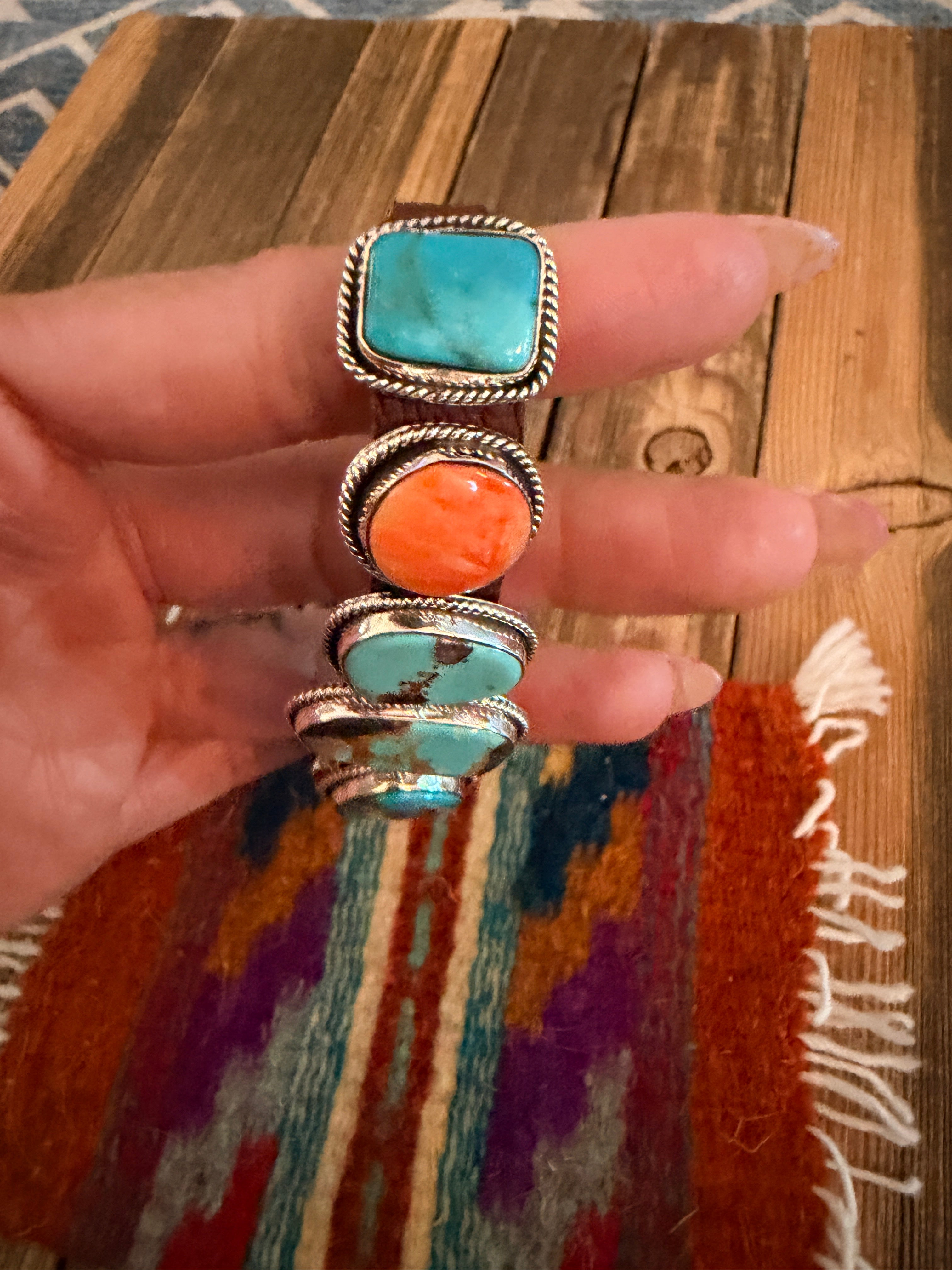 Handcrafted Multi Turquoise, Spiny & Sterling Silver Leather Bracelet