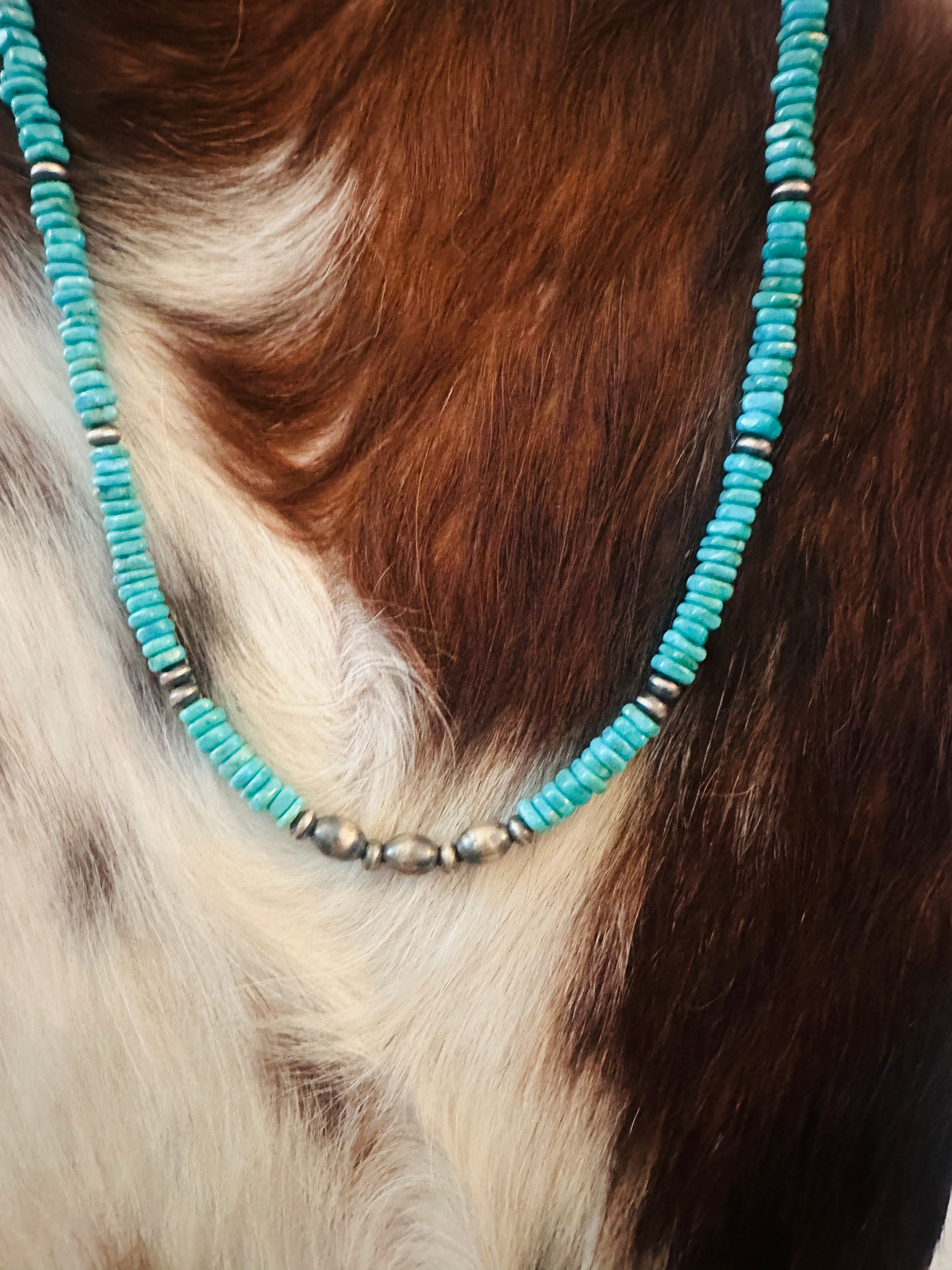 Handcrafted Turquoise & Sterling Silver Beaded Necklace 16”