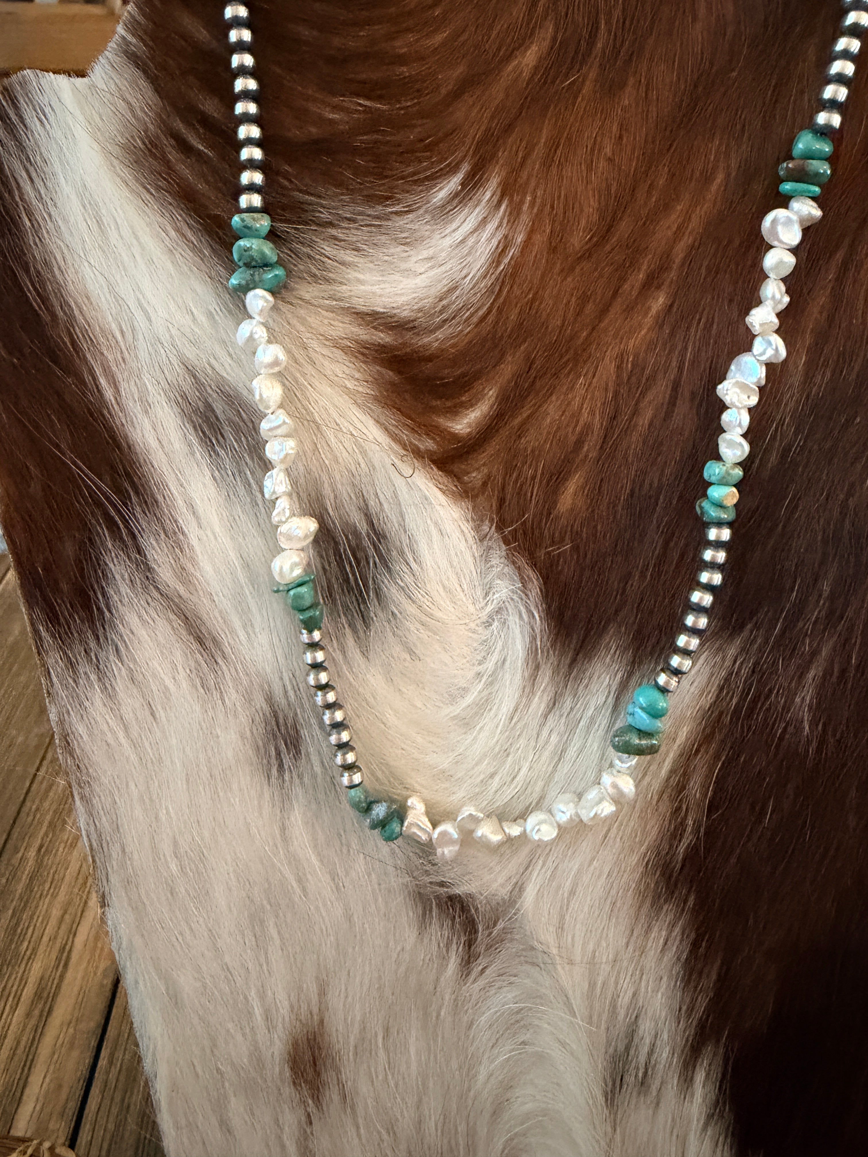 Handcrafted Turquoise, Mother of Pearl and Sterling Silver Pearl Beaded Necklace