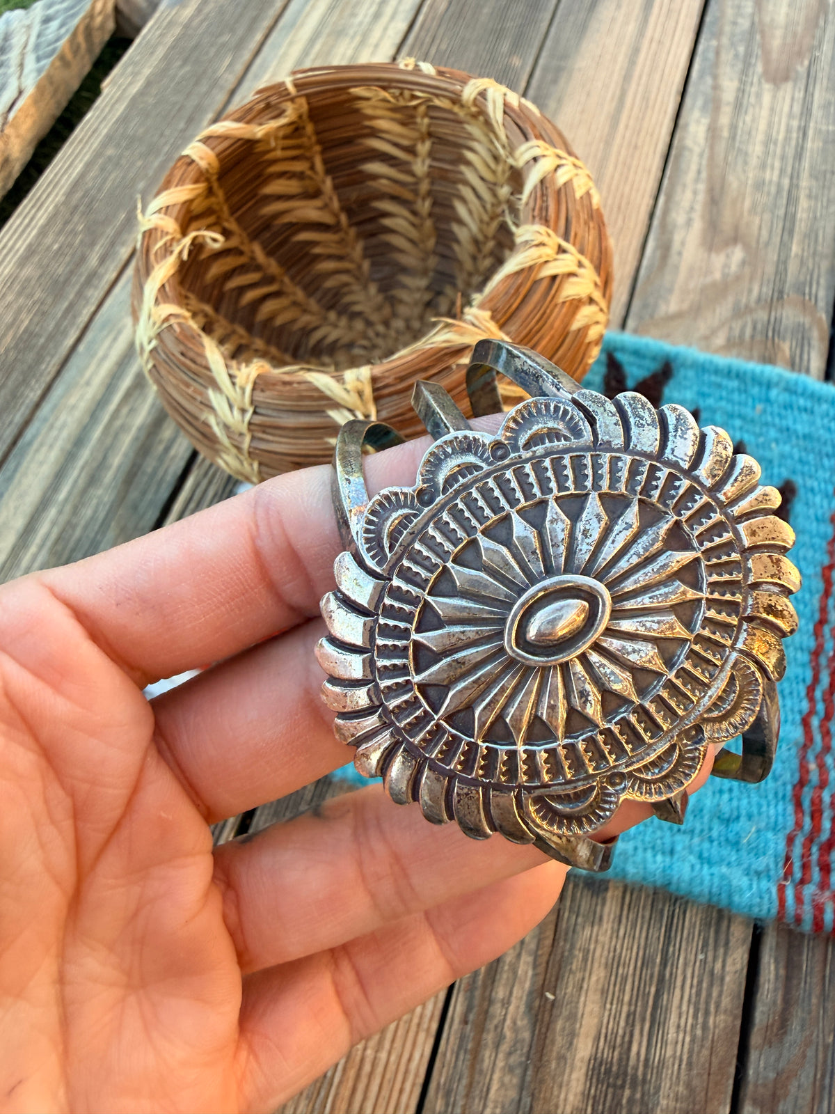 Handcrafted Old Pawn Sterling Silver Concho Cuff Bracelet
