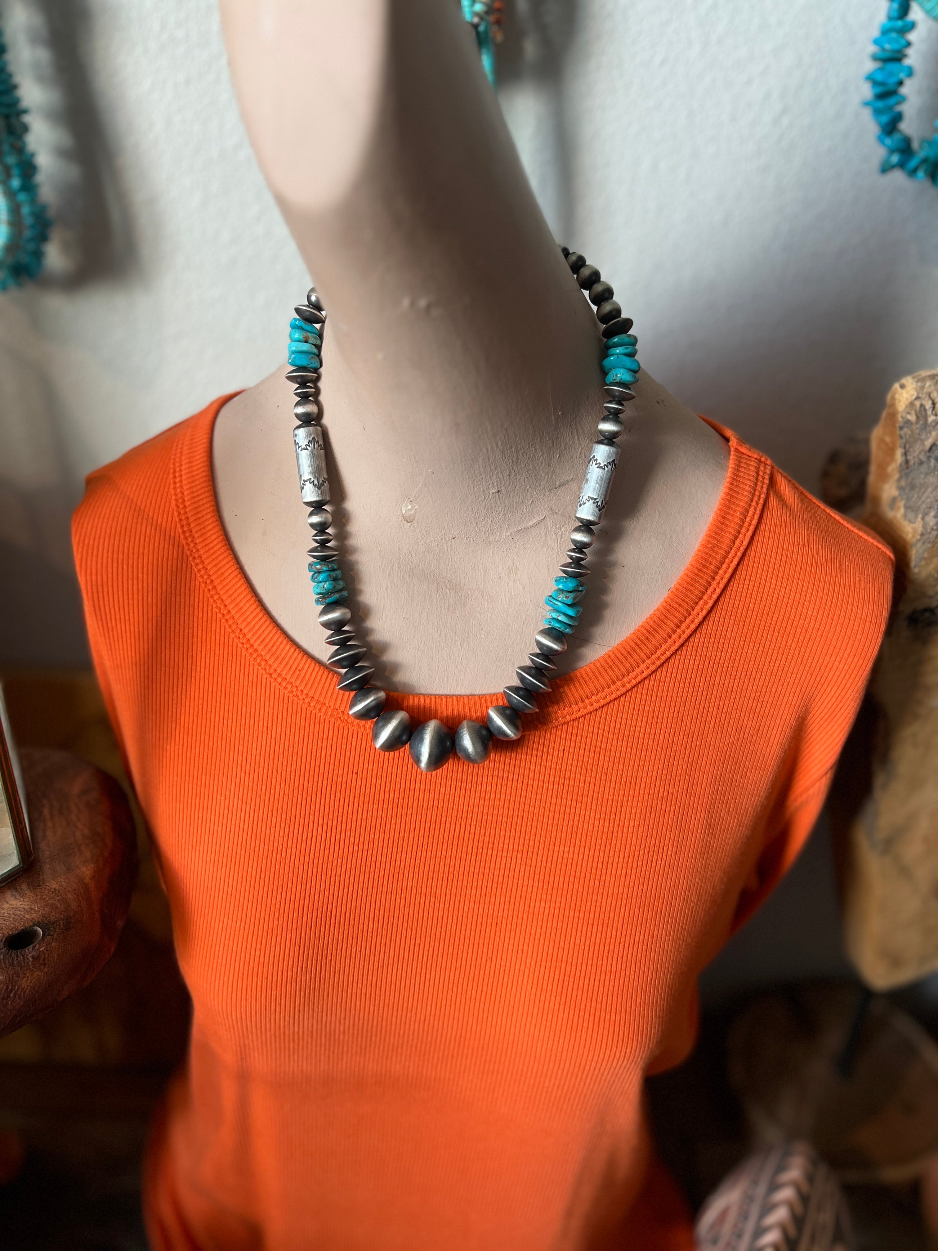 Handcrafted Sterling Silver and Kingman Turquoise Beaded Necklace by Rose Martin, 20 + 1-1/2 inches