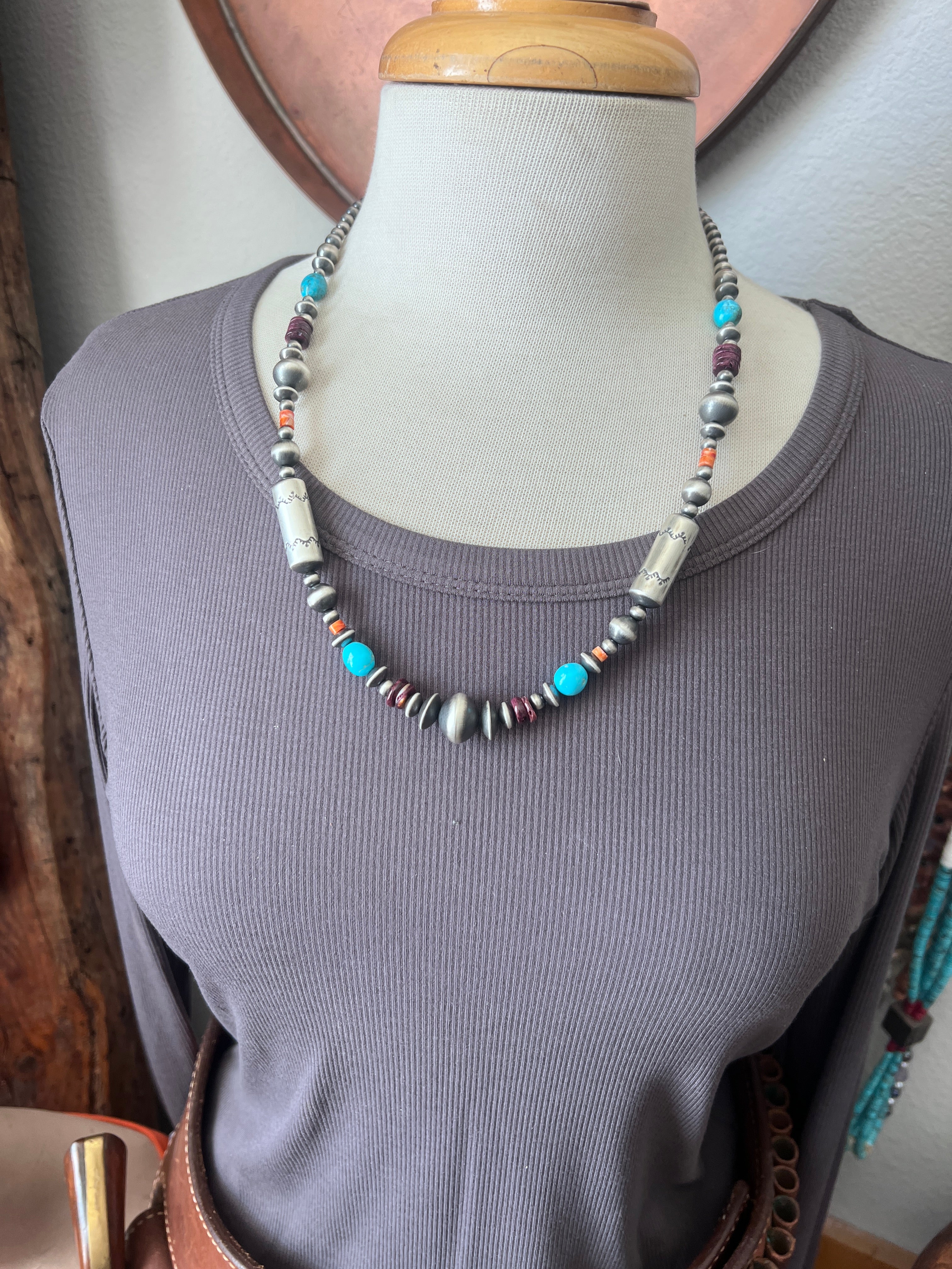 Rose Martin Electric Rainbow Sterling Silver, Turquoise and Spiny Oyster Single Strand Beaded Necklace, 24 + 1-1/2 inches