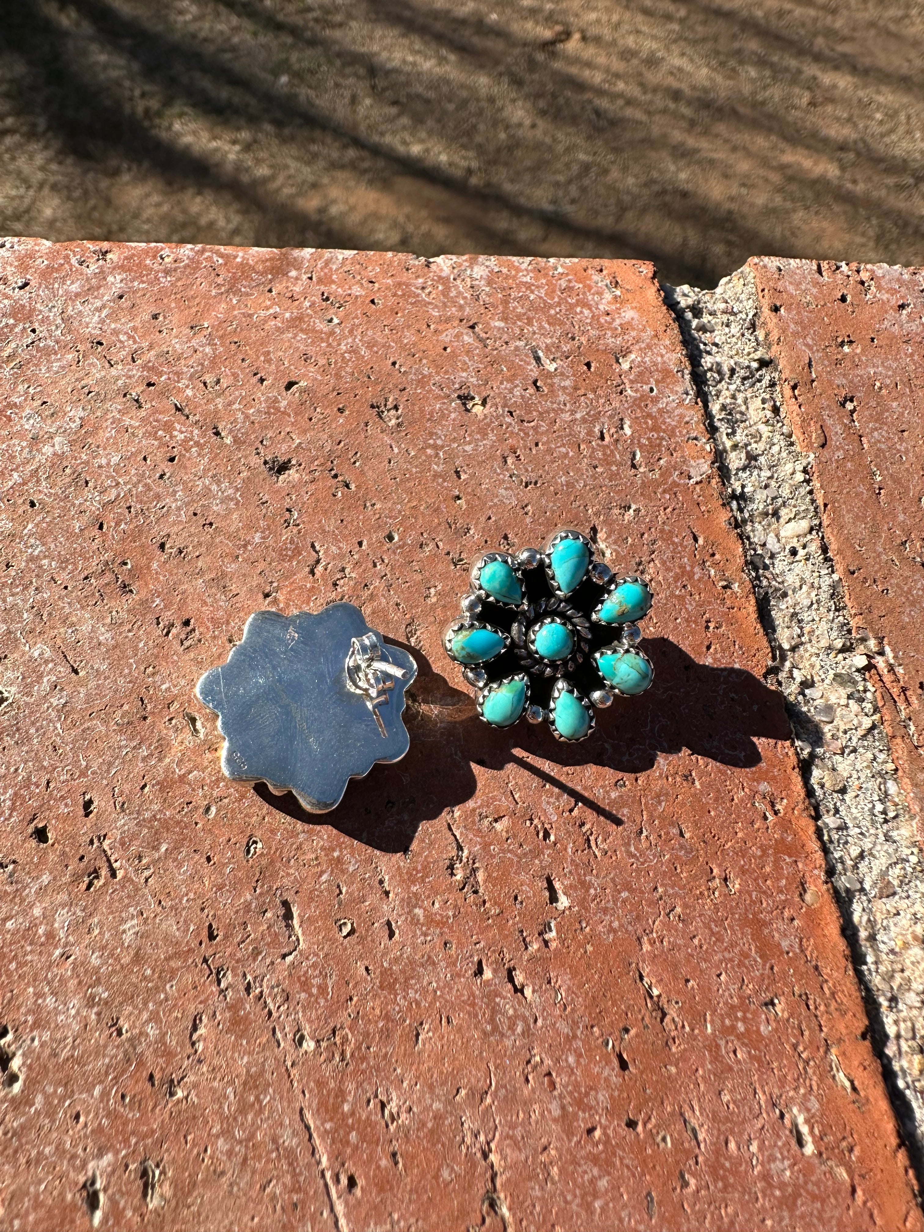 Handmade Flower Cluster Sterling Silver & Turquoise Post Earrings Signed Nizhoni 8 STONE LESLIES FAVE