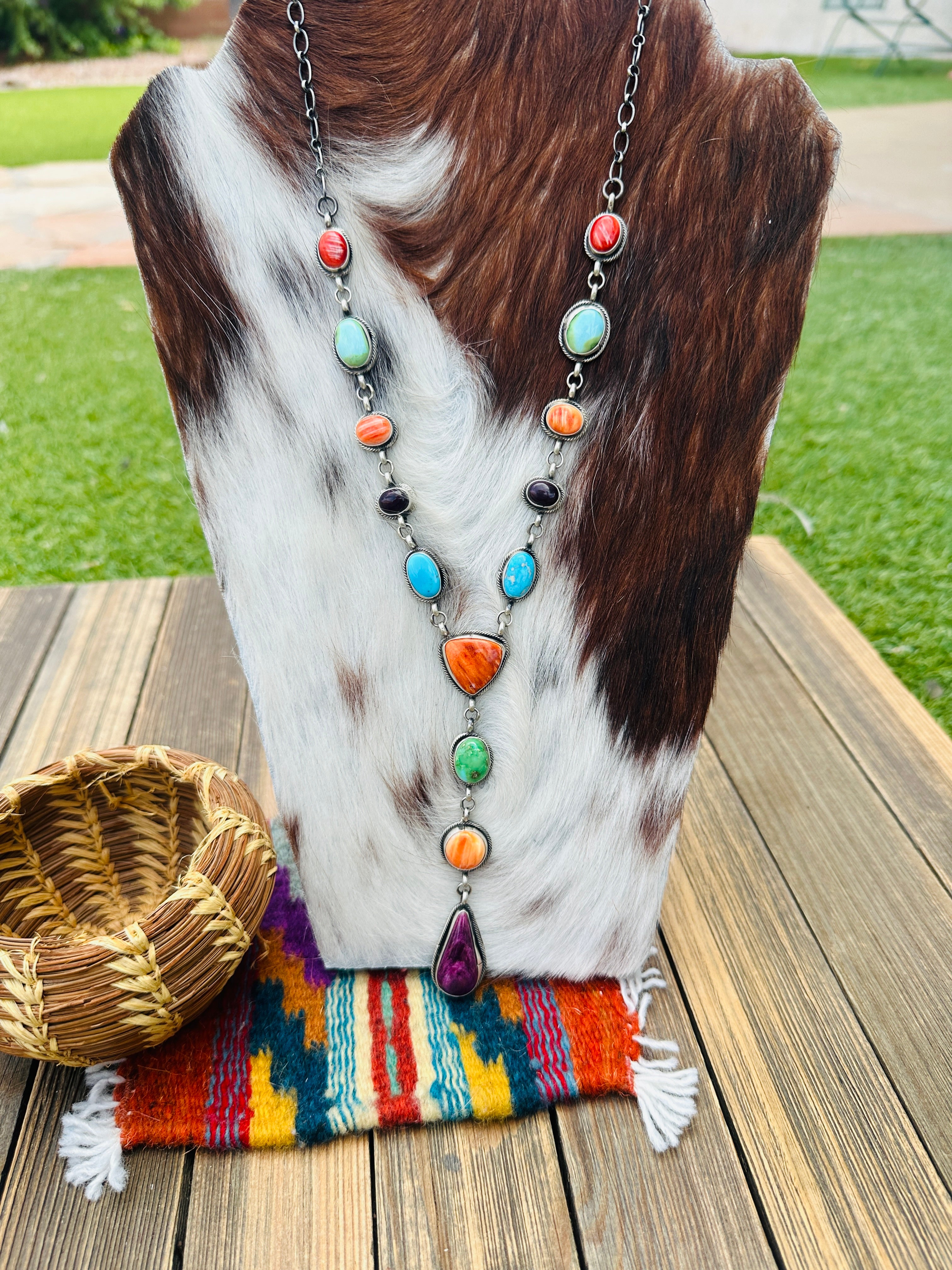 Handcrafted Turquoise, Spiny Oyster & Sterling Silver Electric Rainbow Lariat Necklace