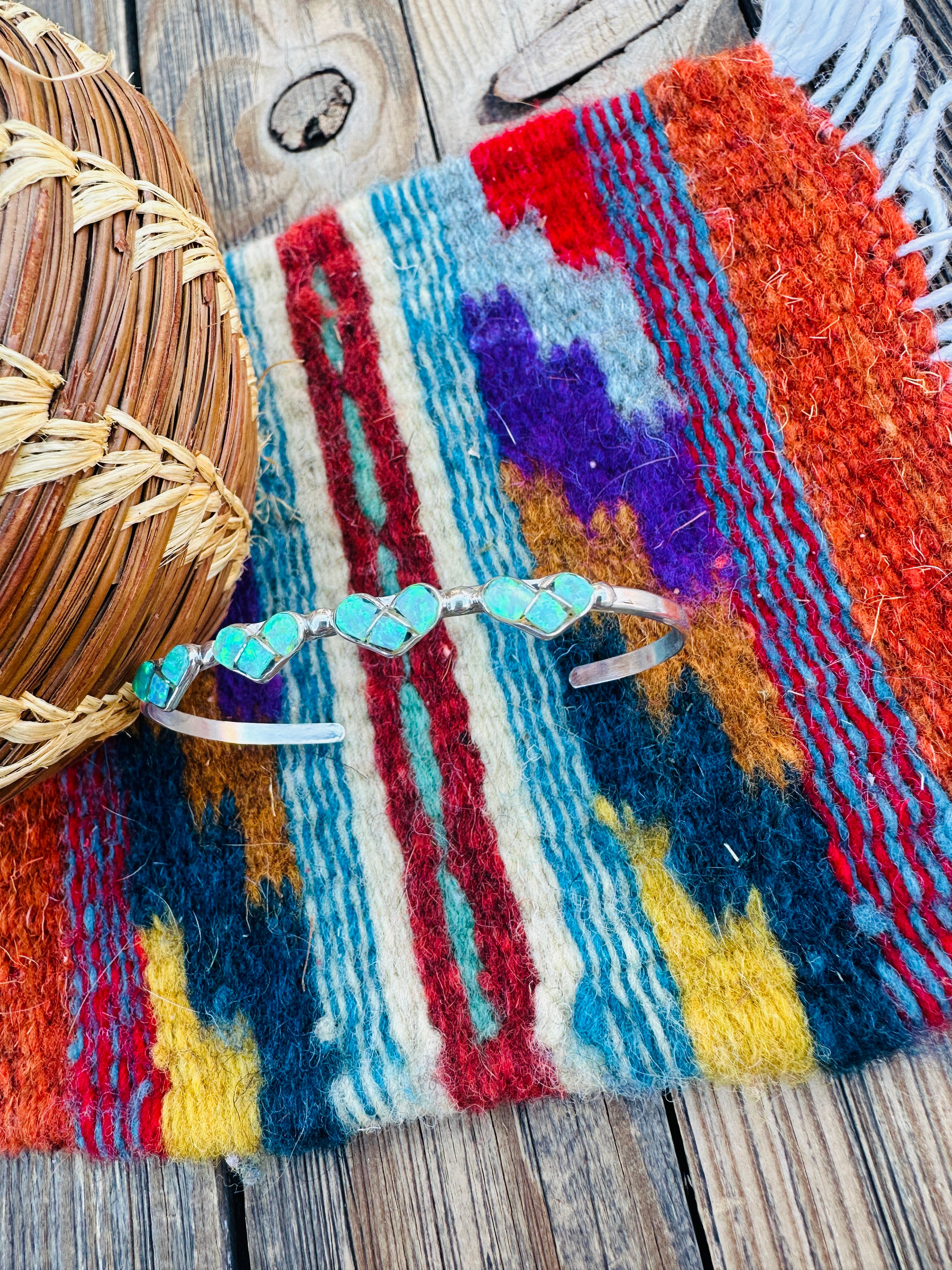 Handcrafted Sterling Silver & Green Opal Heart Inlay Cuff Bracelet