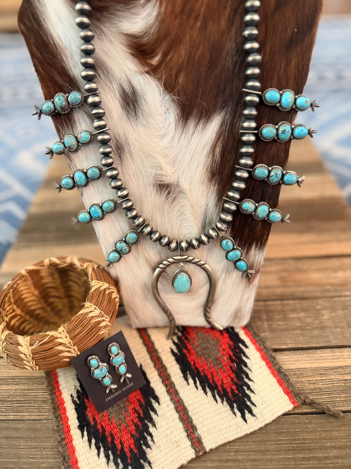 Handcrafted Turquoise & Sterling Silver Squash Blossom Necklace and Earring Set by Larry Kaye