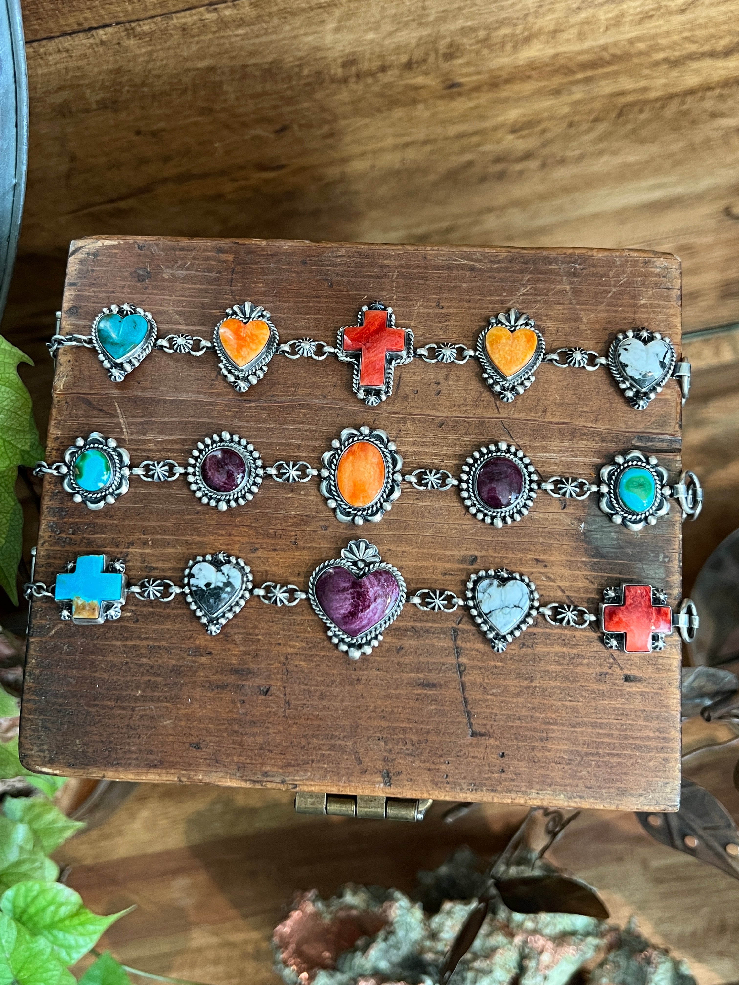 Diane Wylie Handcrafted Sterling Silver, Spiny Oyster, Turquoise & White Buffalo Link Bracelets