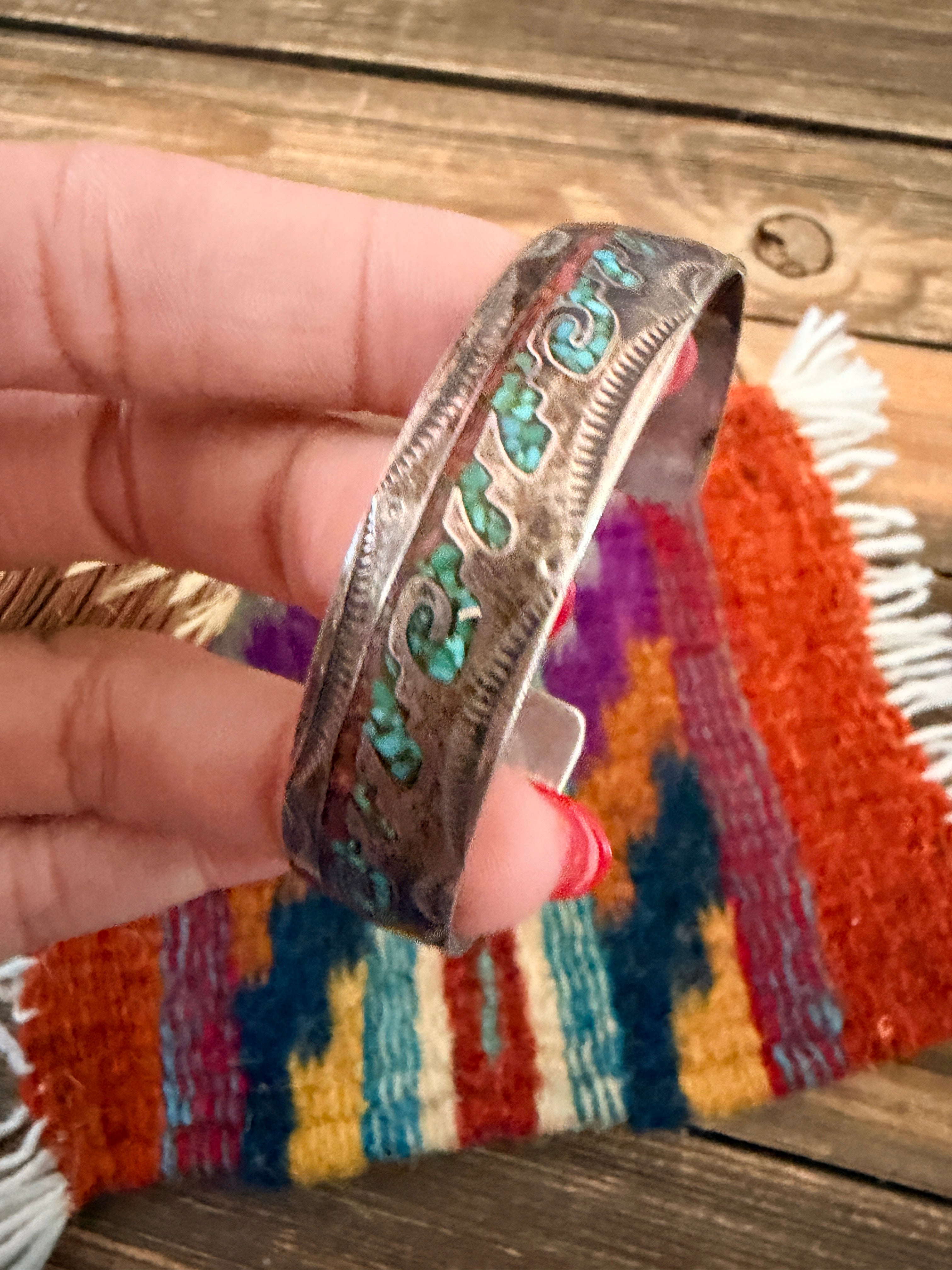 Handcrafted Old Pawn Coral, Turquoise & Sterling Silver Chip Inlay Cuff Bracelet