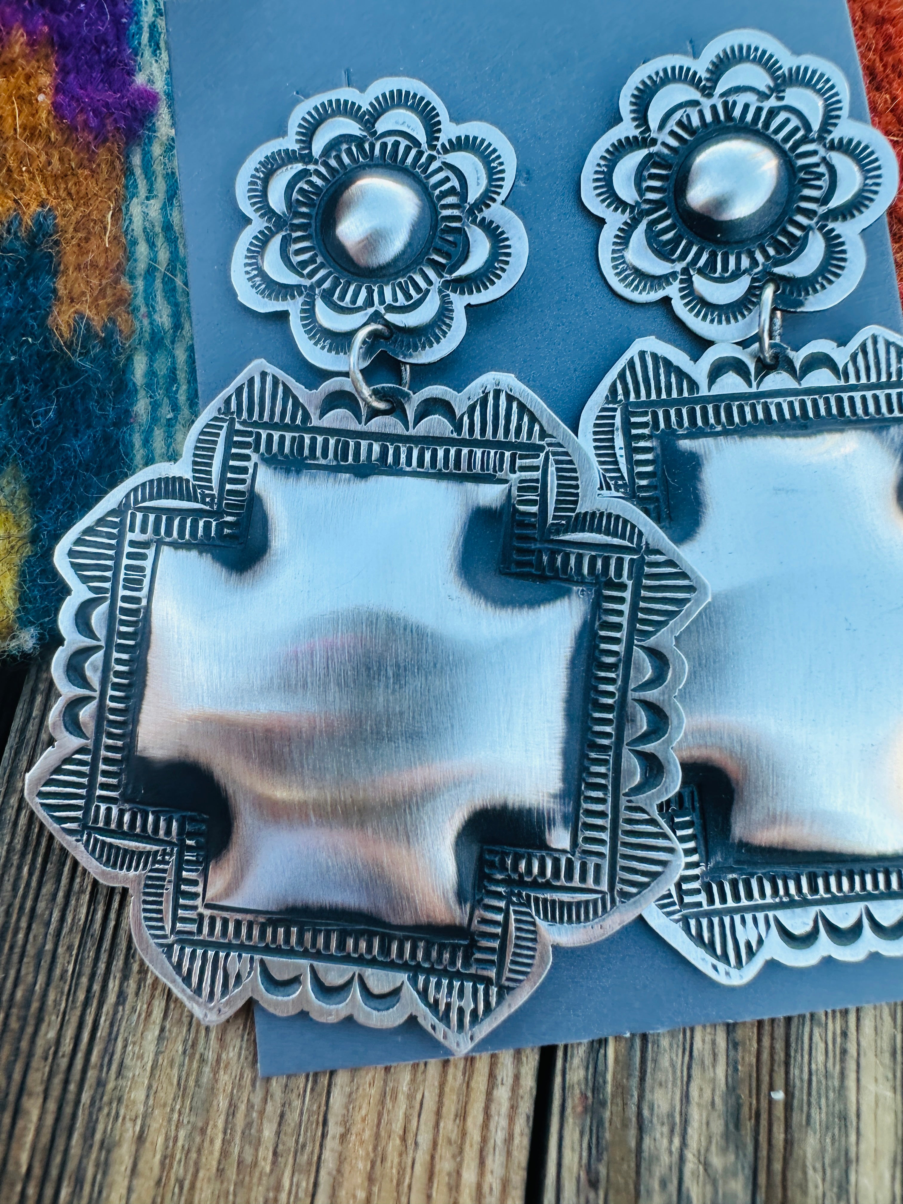 Handcrafted Sterling Silver Concho Cross Dangle Earrings by Leander Tahe