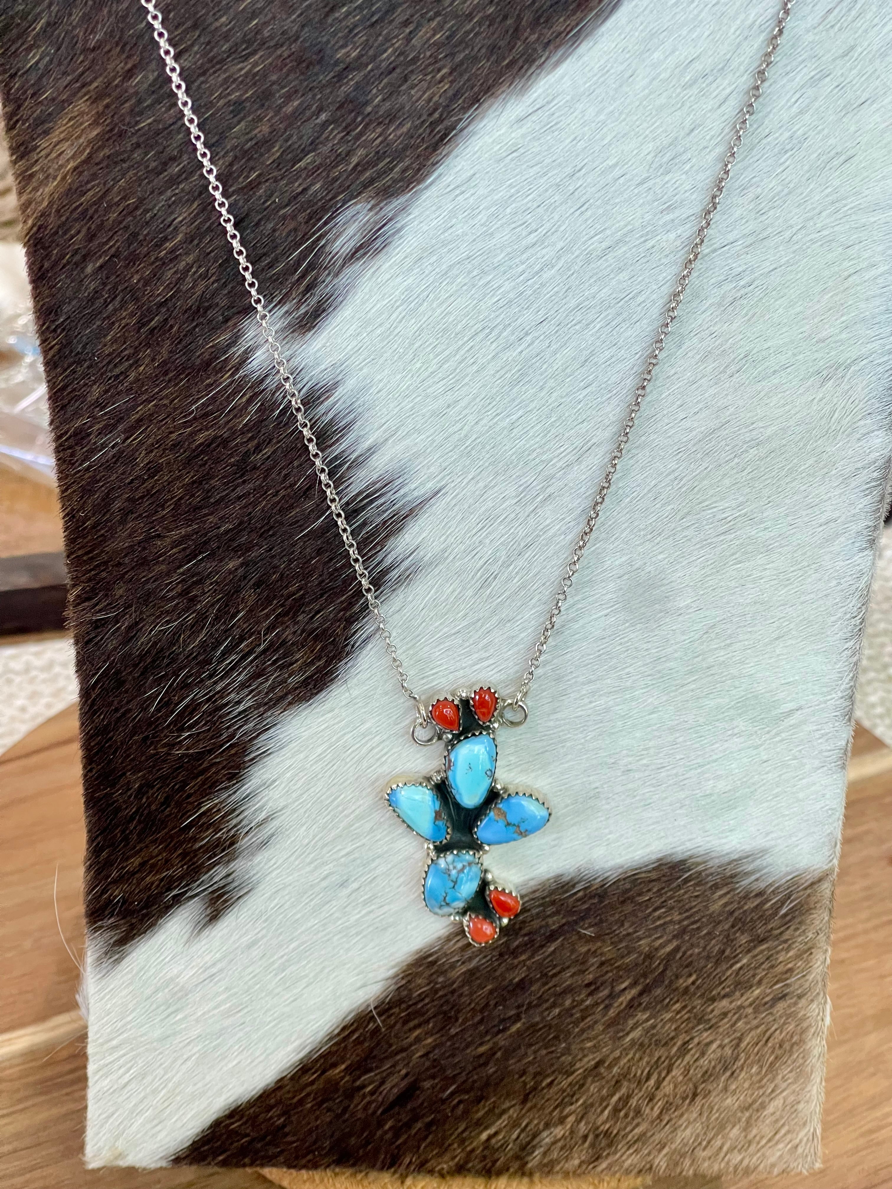 Handmade Sterling Silver, Golden Hills Turquoise & Coral Necklace Signed Nizhoni