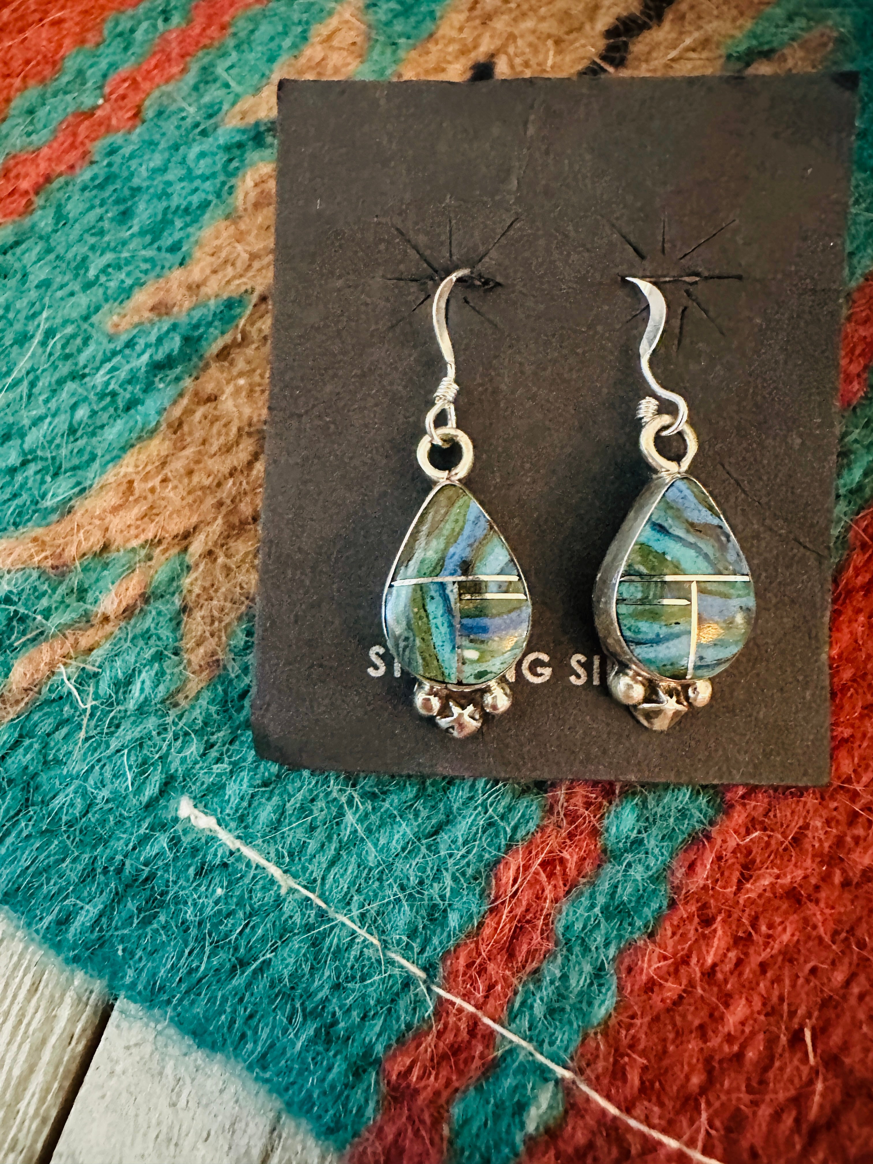 Navajo Rainbow Calsilica & Sterling Silver Inlay Dangle Earrings