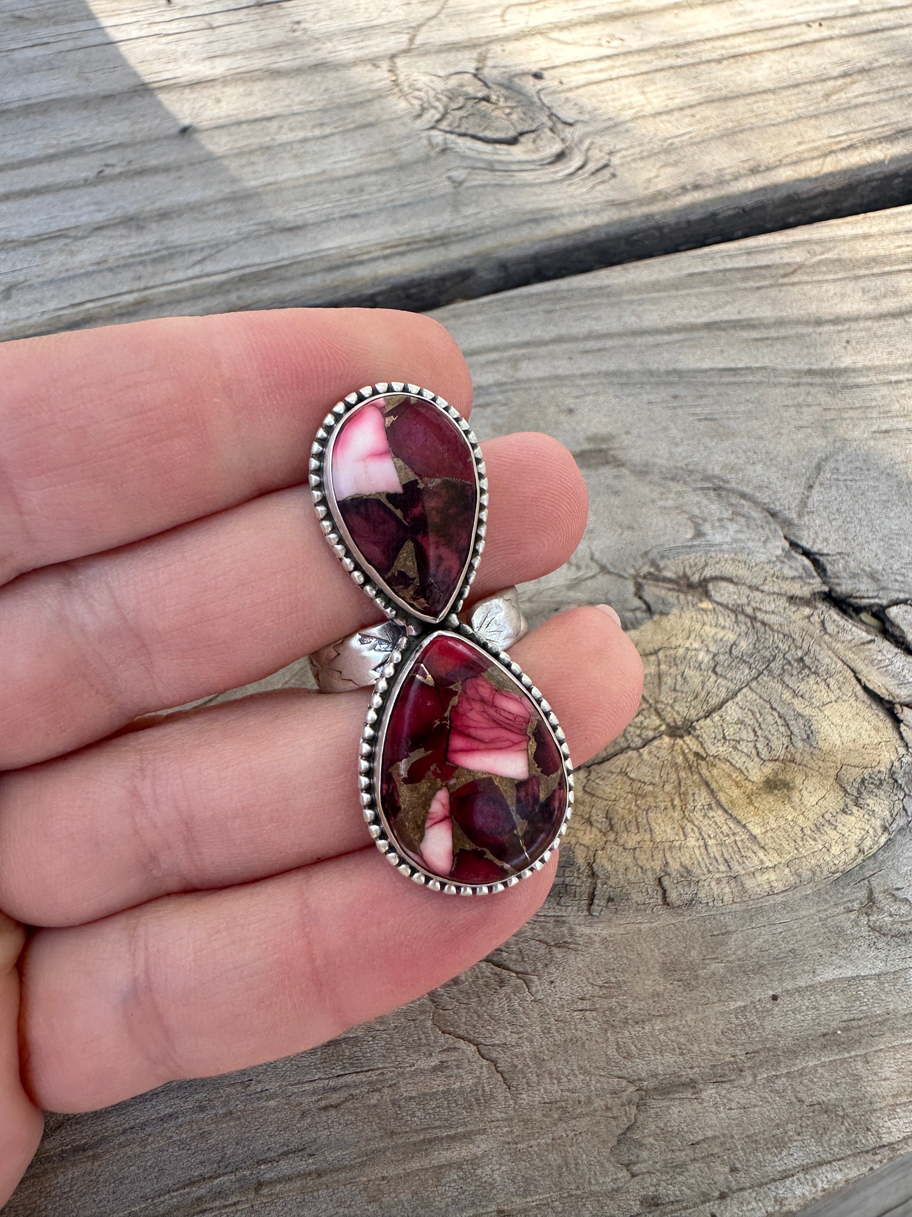 Beautiful Handmade Dahlia Rose And Sterling Silver Adjustable 2 Stone Ring