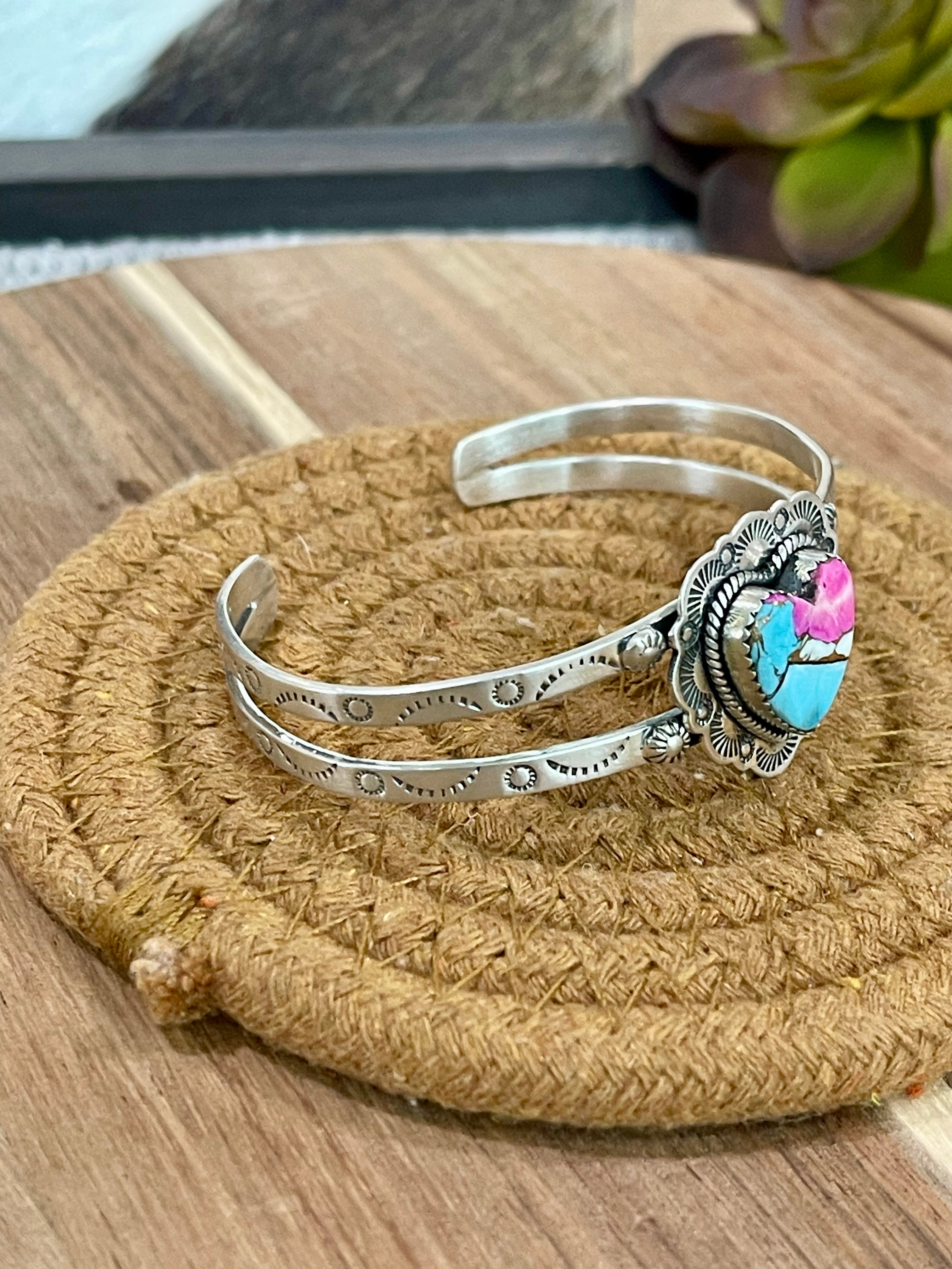 Handmade Sterling Silver & Cotton Candy Heart Cuff Bracelet