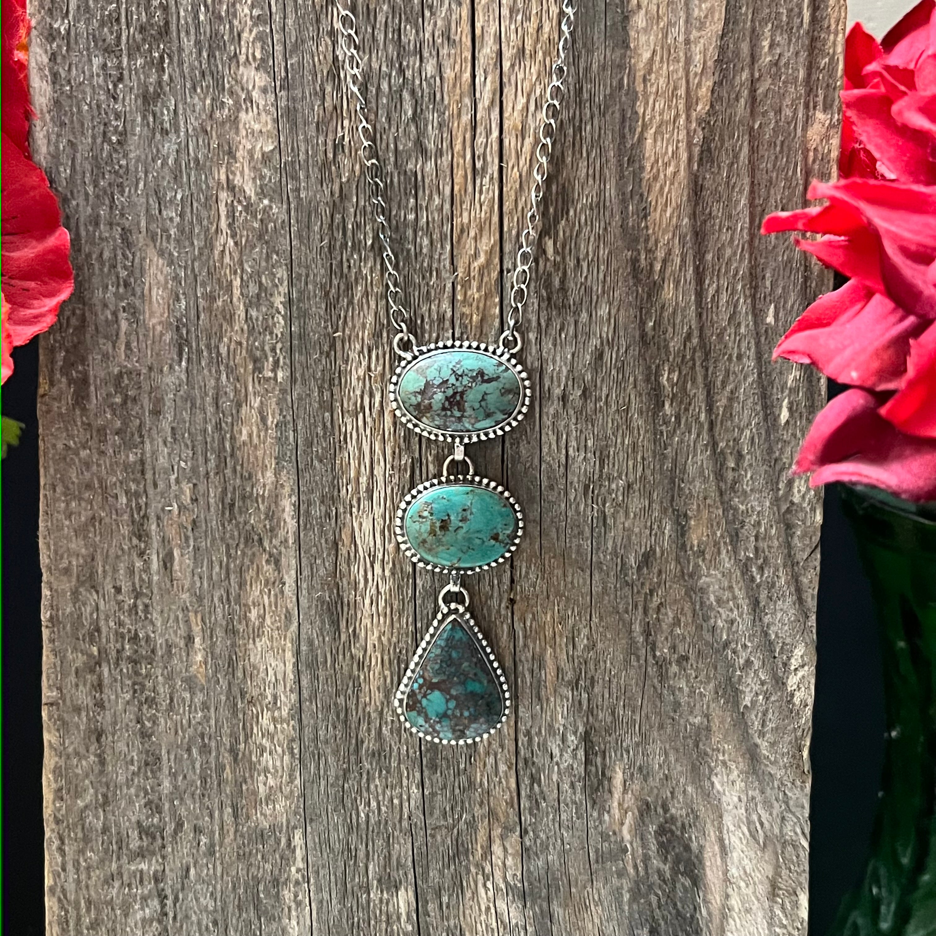 Handmade 3 Stone Turquoise & Sterling Silver Drop Necklace (07)