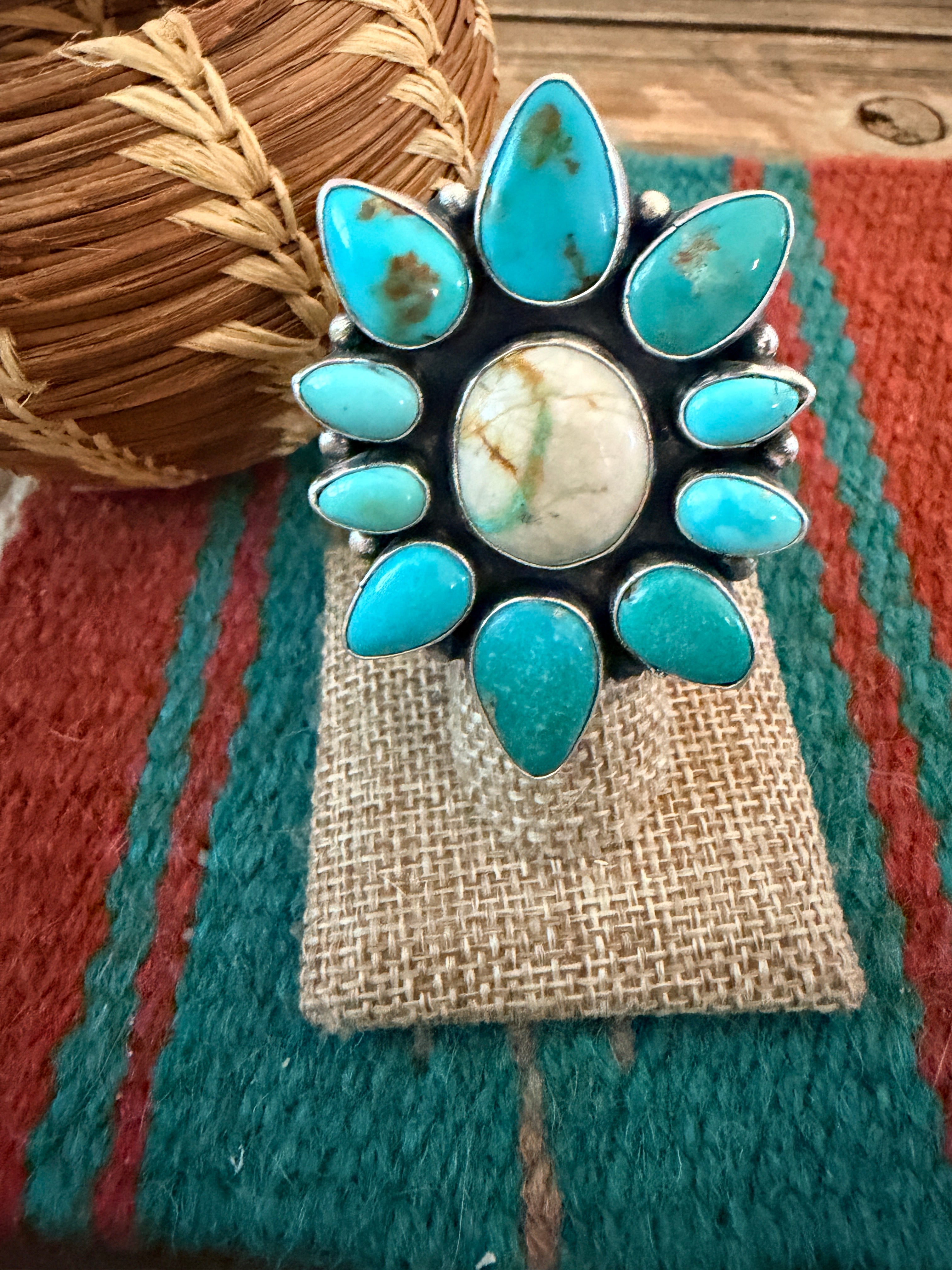 Handcrafted Multi Turquoise & Sterling Silver Ring Size 6 by Ella Peter