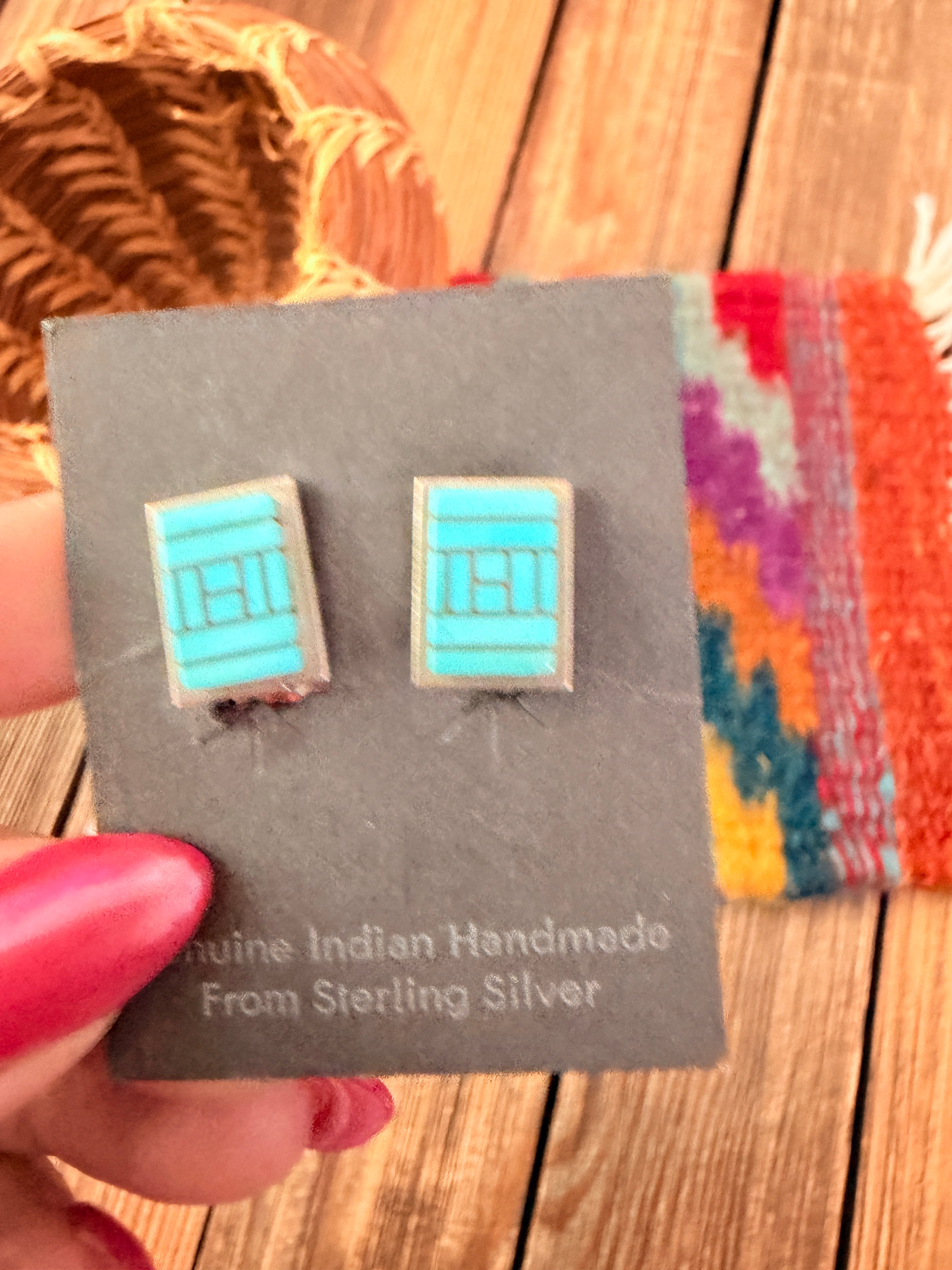 Old Pawn Handcrafted Sterling Silver & Turquoise Inlay Clip On Earrings