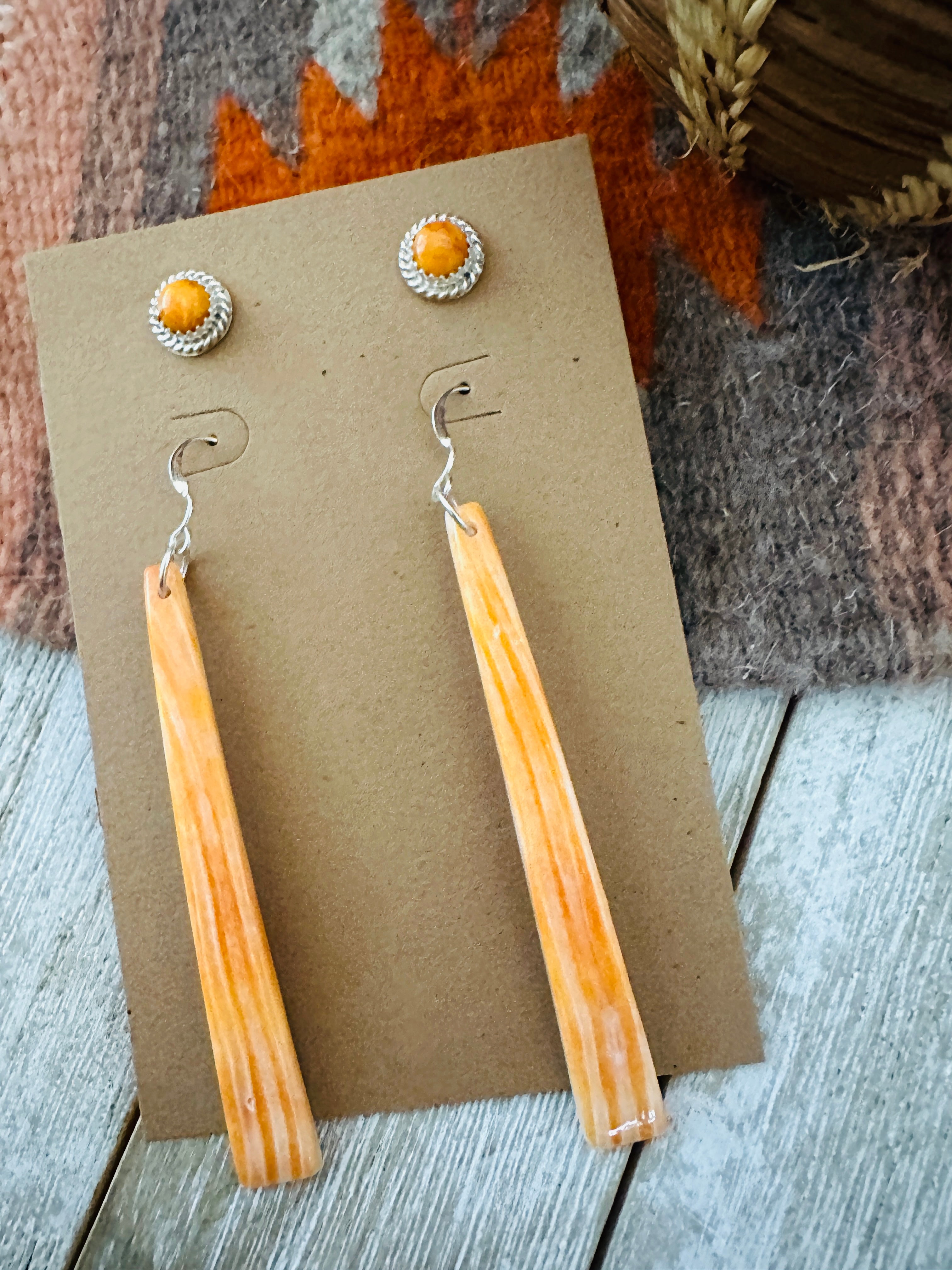 Handcrafted Orange Spiny Slab Dangle & Stud Earring Set