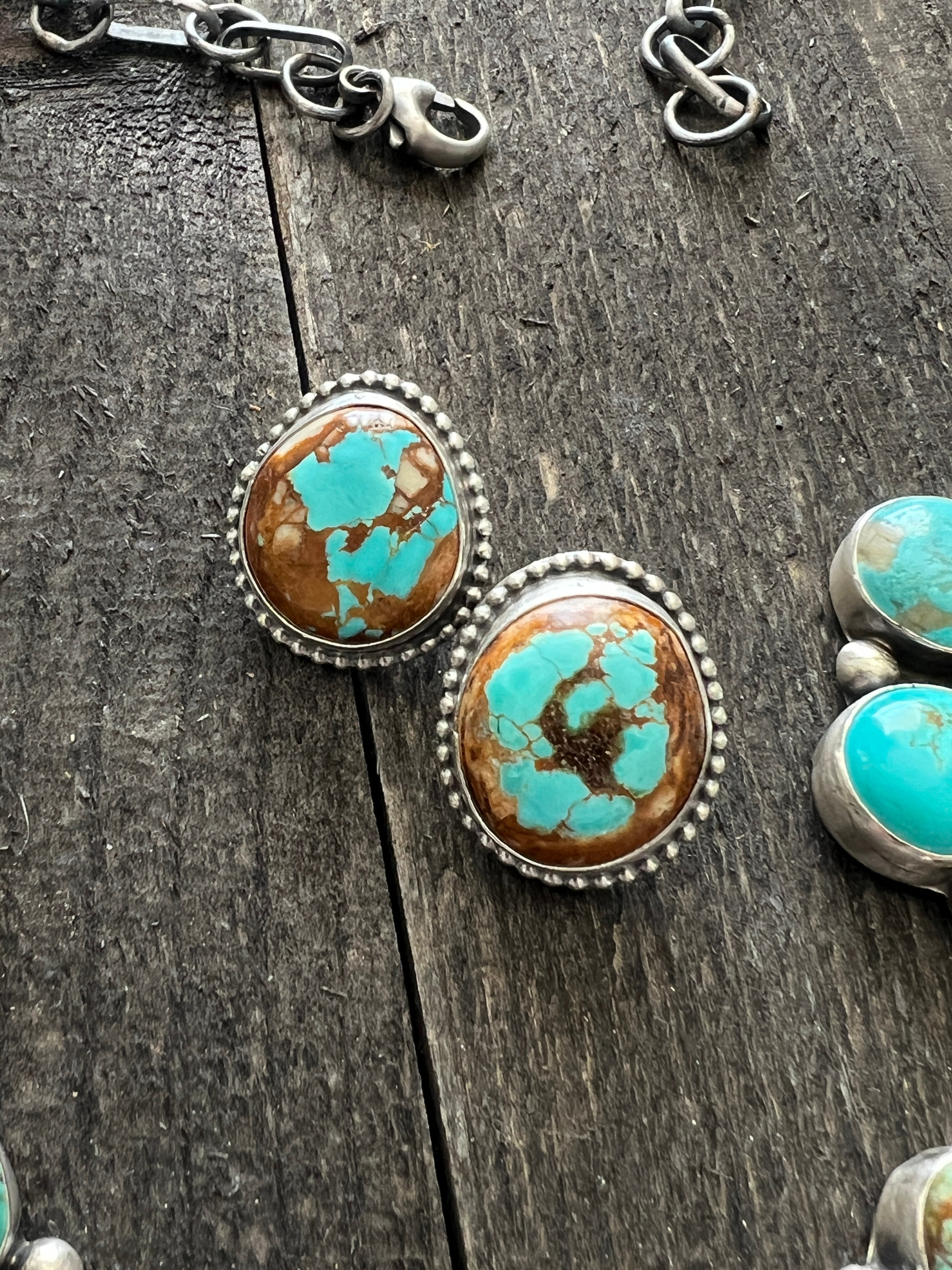 Handcrafted Big Mama Sterling Silver and Royston Turquoise Cluster Necklace with Matching Earrings by Sheila Becenti