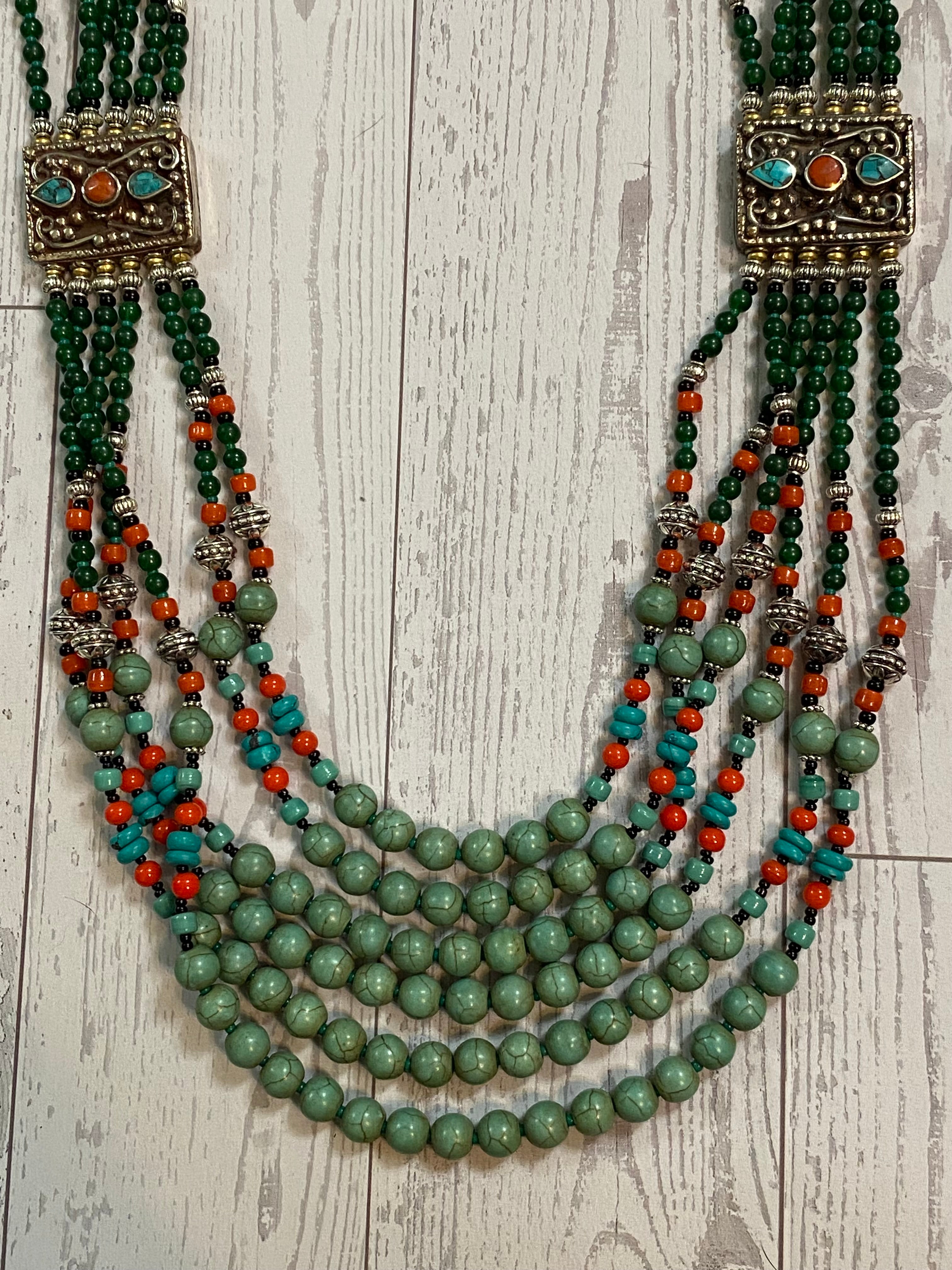 Silver Plated Tibetan Style Six Strand Turquoise & Red Coral Beaded Necklace