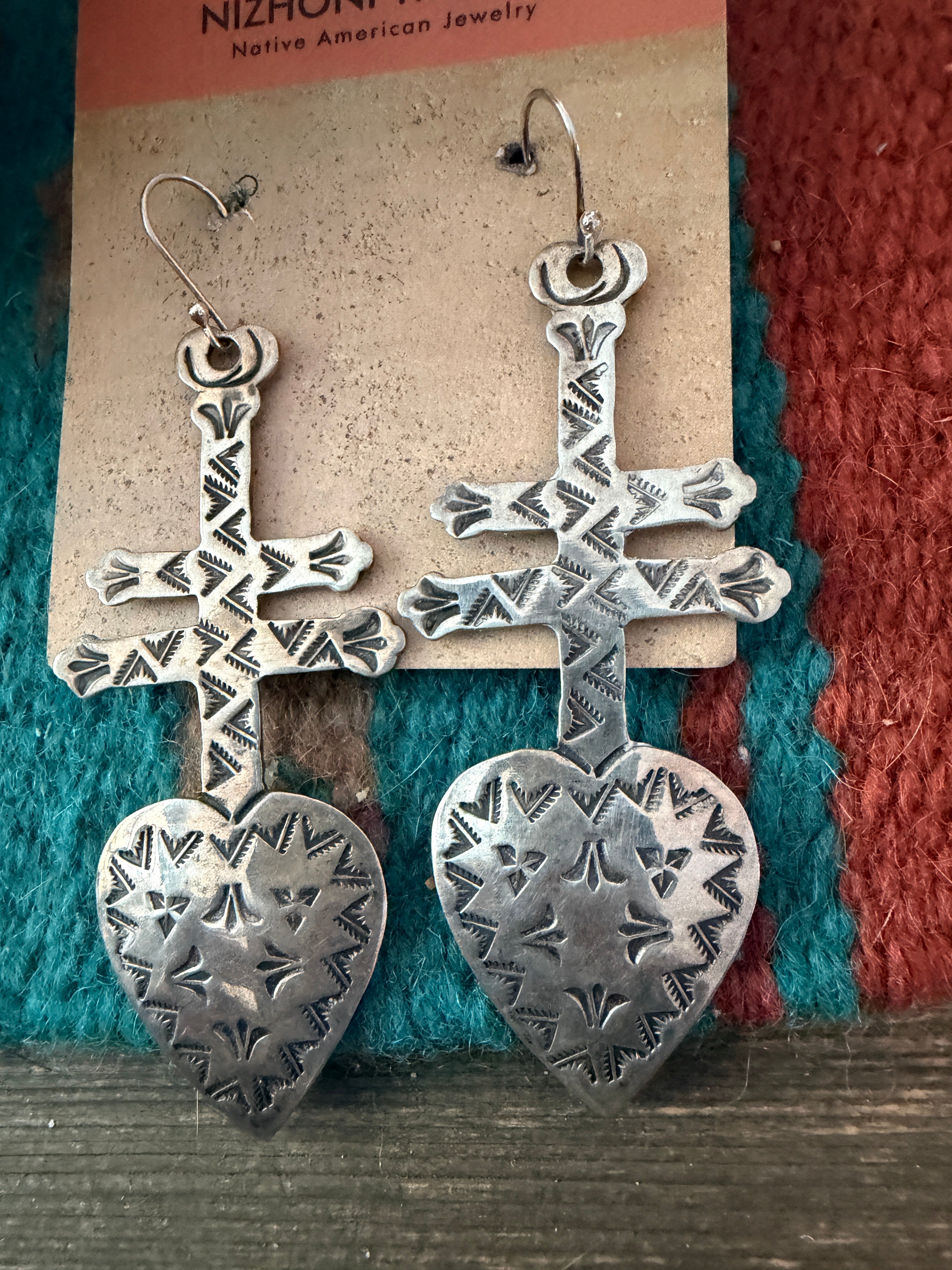 Old Pawn Handcrafted Sterling Silver Heart Cross Dangle Earrings