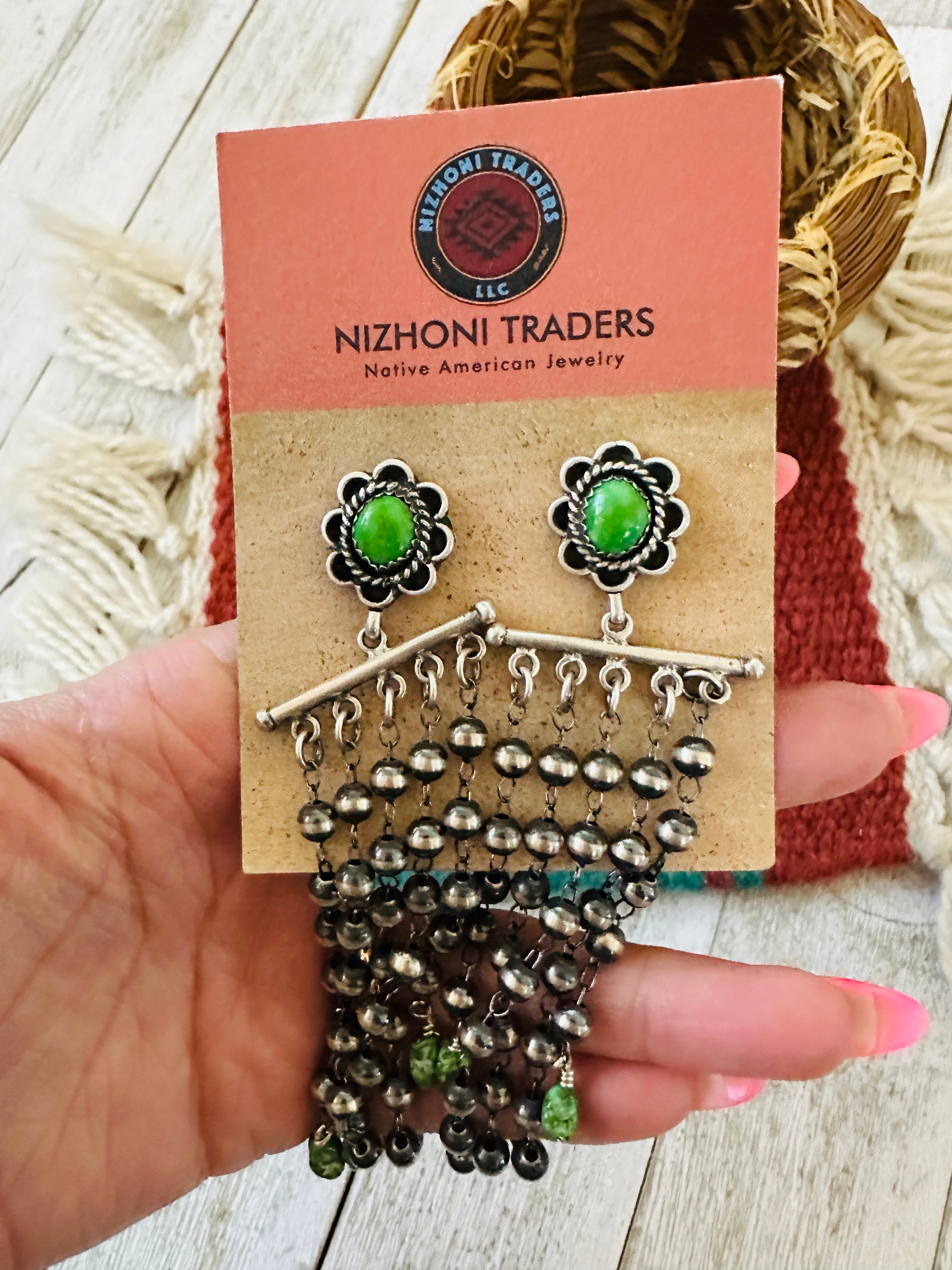 Handcrafted Green Turquoise & Sterling Silver Pearl Beaded Tassel Dangle Earrings