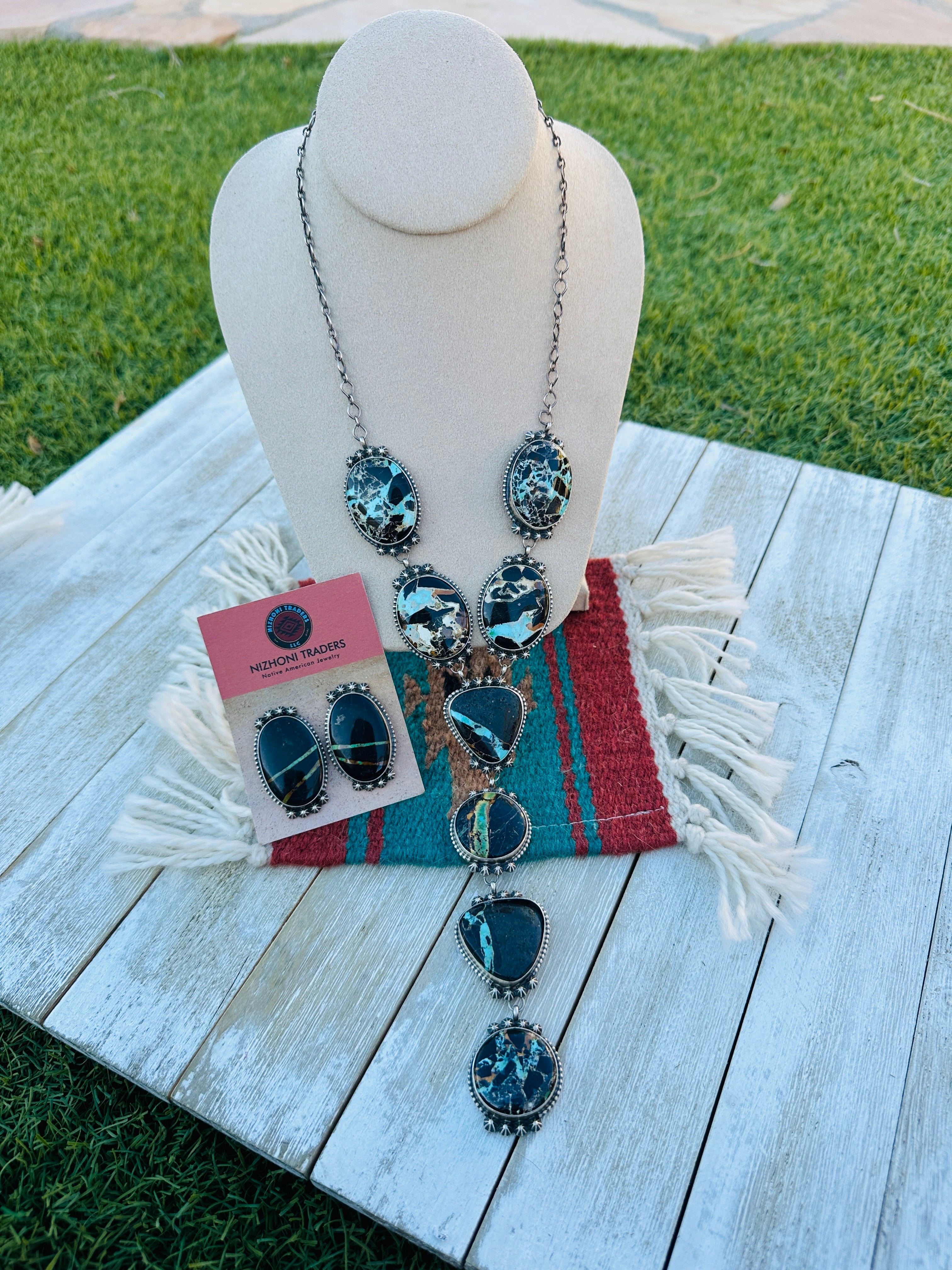 Handcrafted Blackjack Turquoise & Sterling Silver Necklace Set by Dave Skeets