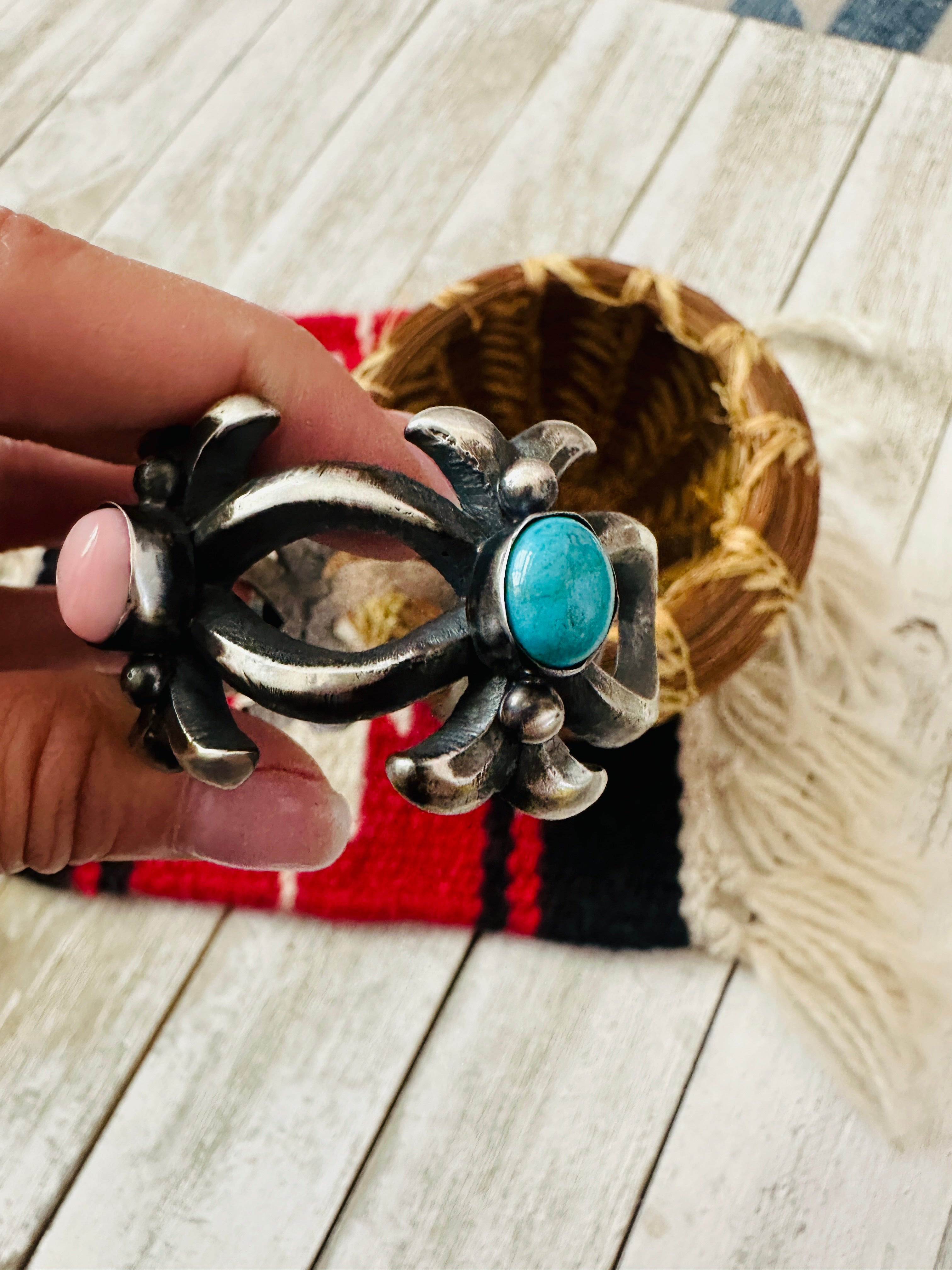 Handcrafted Turquoise, Queen Pink & Sterling Silver Cuff Bracelet by Chimney Butte