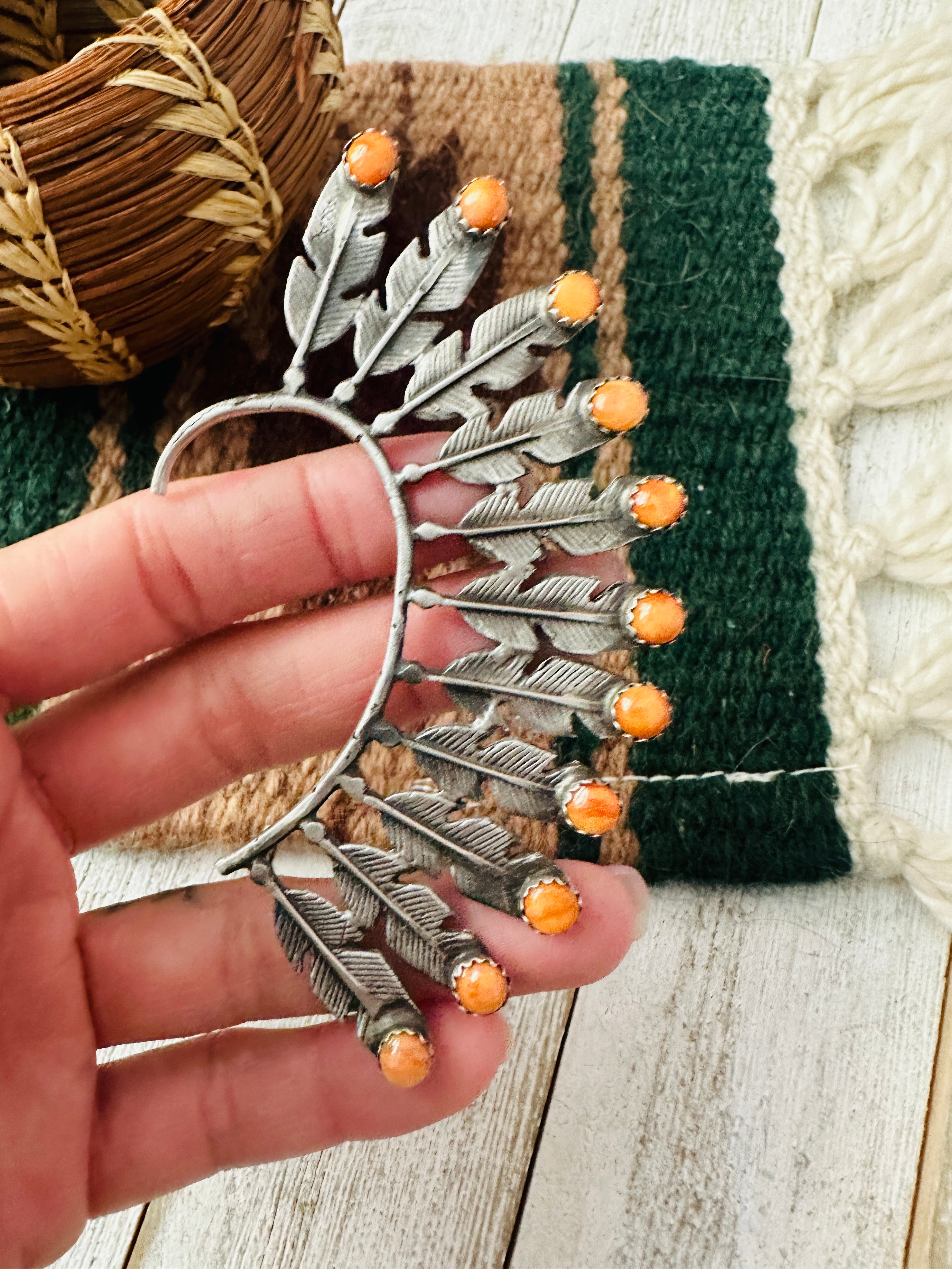 Handcrafted Orange Spiny & Sterling Silver Feather Cuff Earring (Left Side)