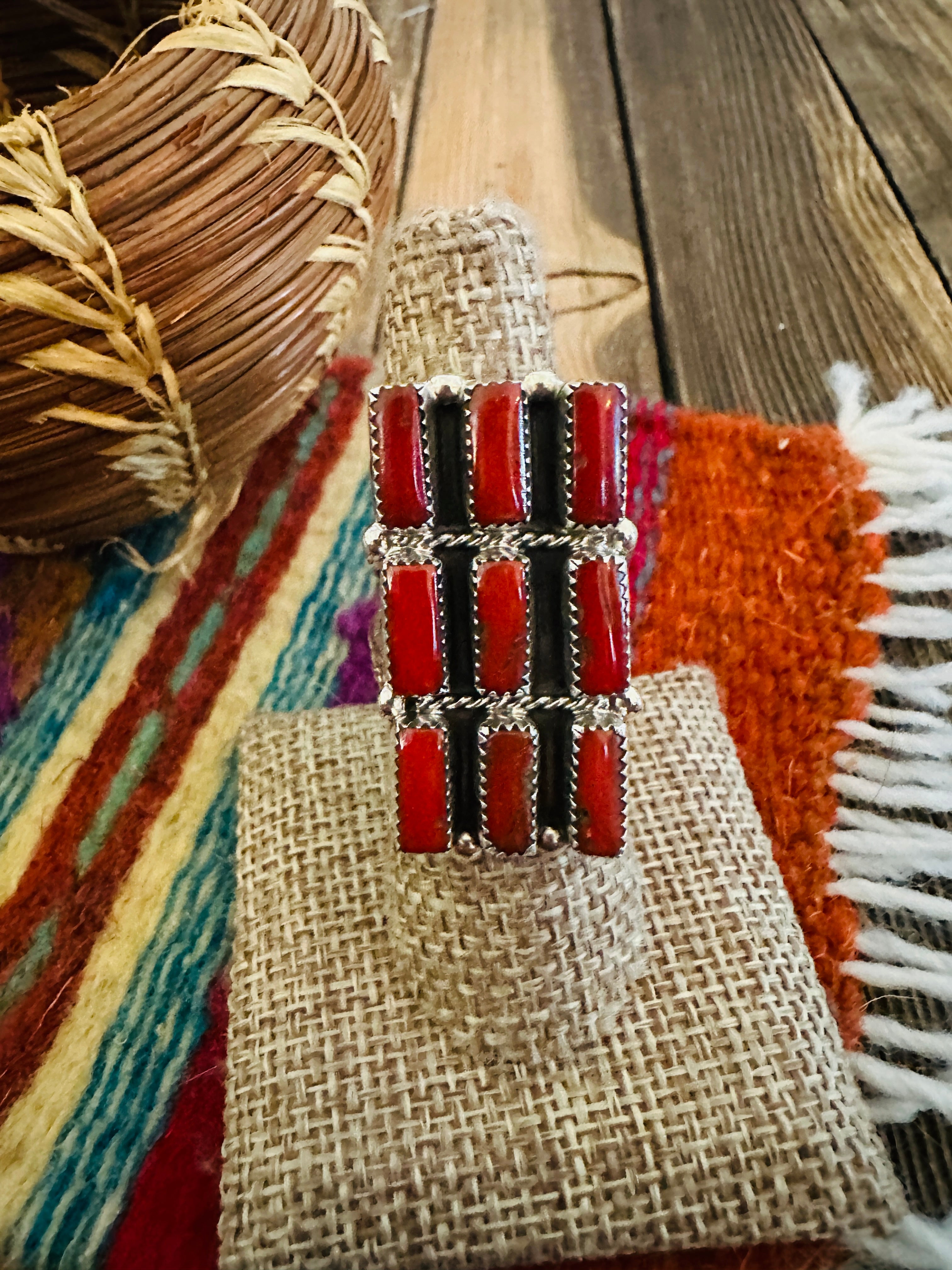 Handcrafted Coral & Sterling Silver Cluster Ring