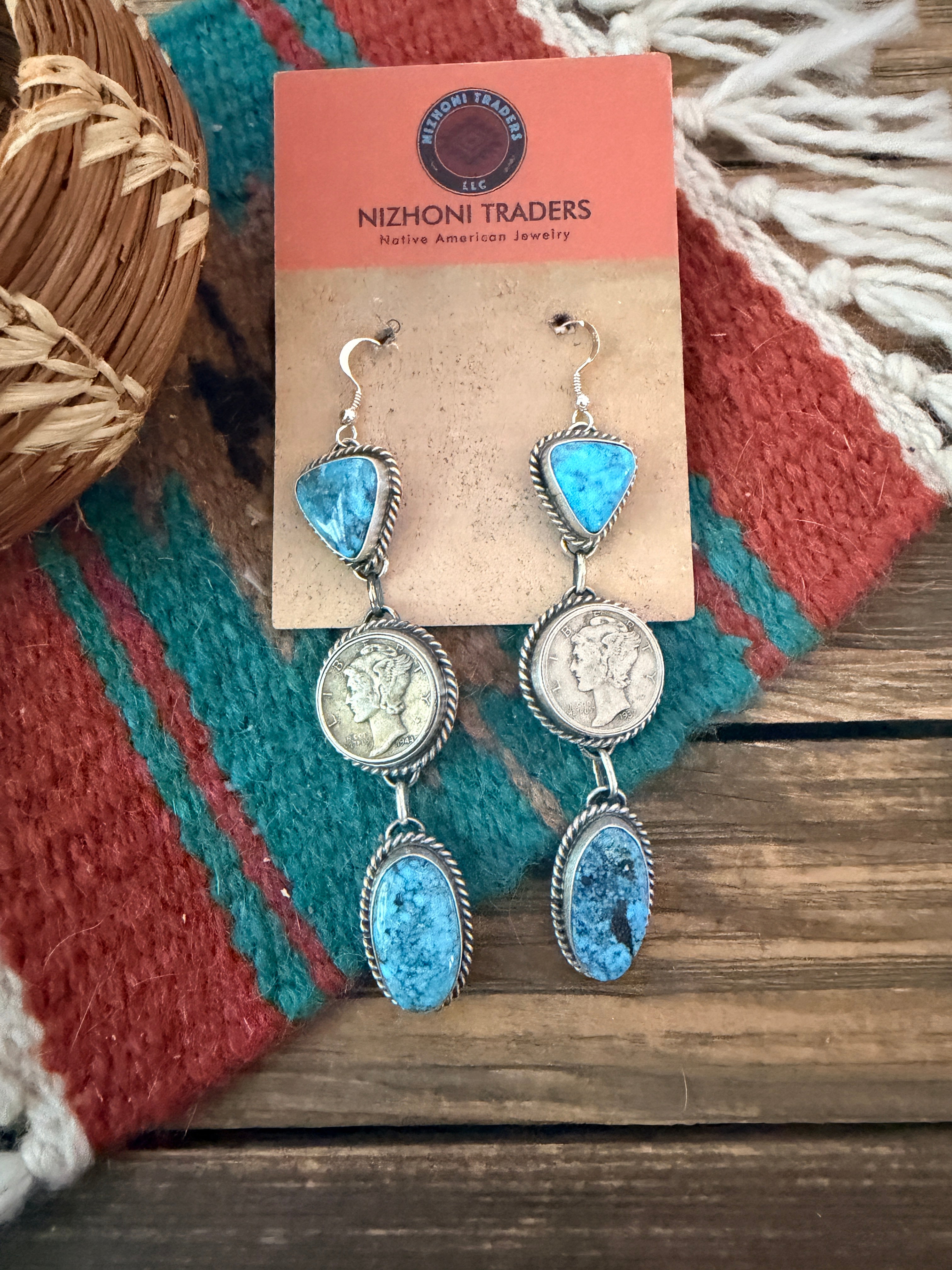 Handcrafted Turquoise & Sterling Silver Liberty Dime Dangle Earrings by Hiram Largo