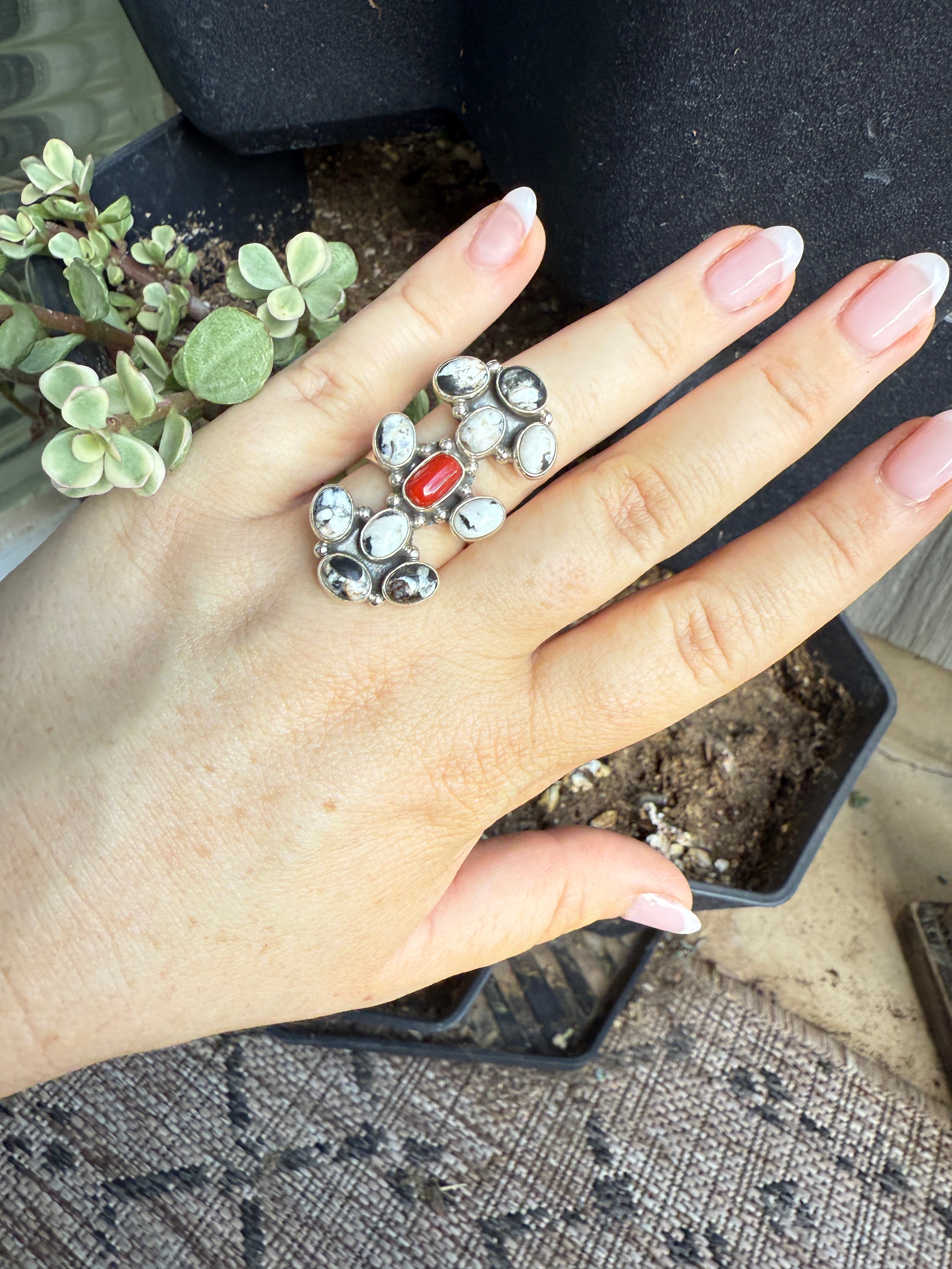 Handmade Coral, White Buffalo & Sterling Silver Adjustable Ring Signed Nizhoni