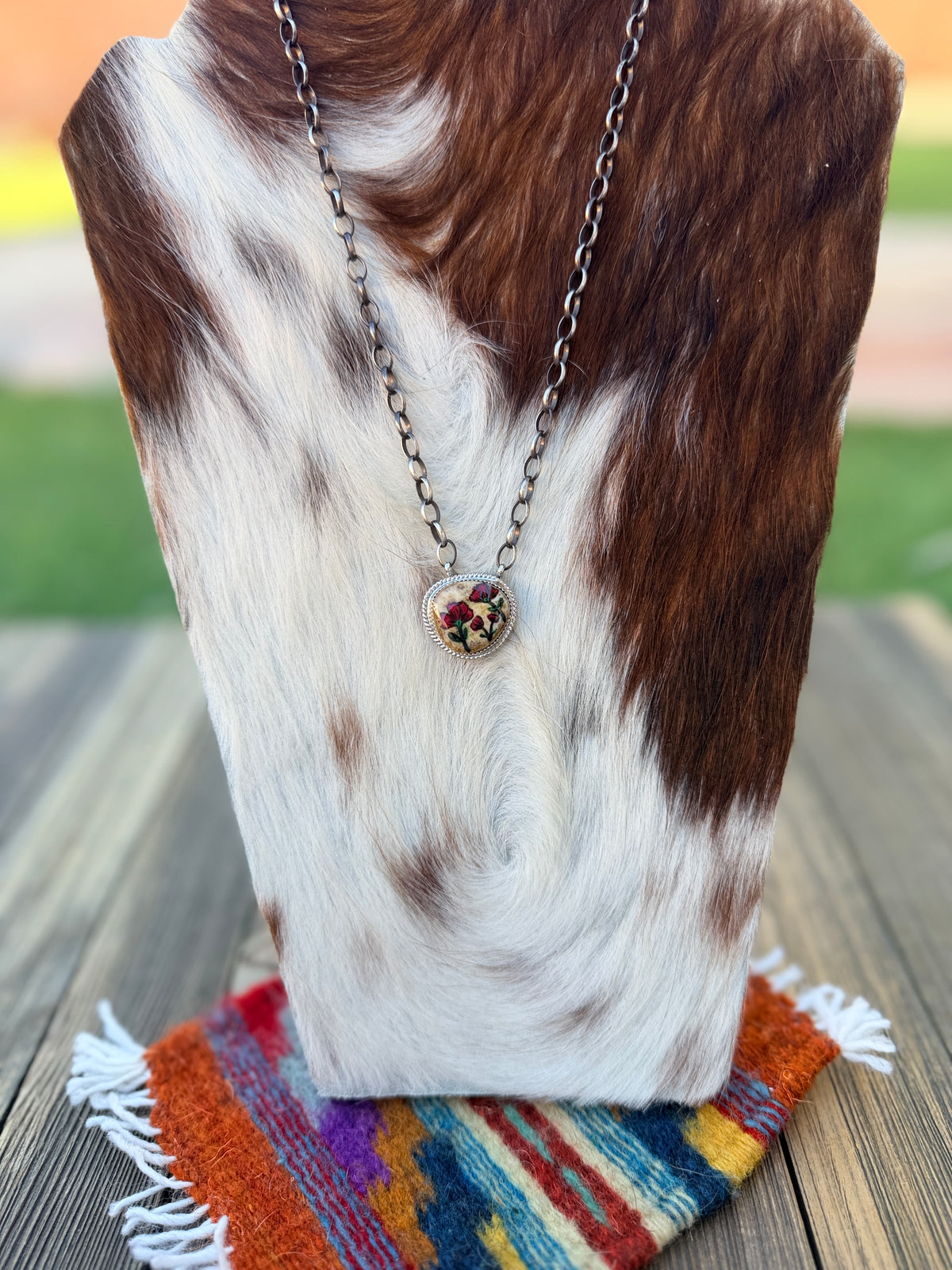Handmade Sterling Silver & Jasper Painted Flower Necklace