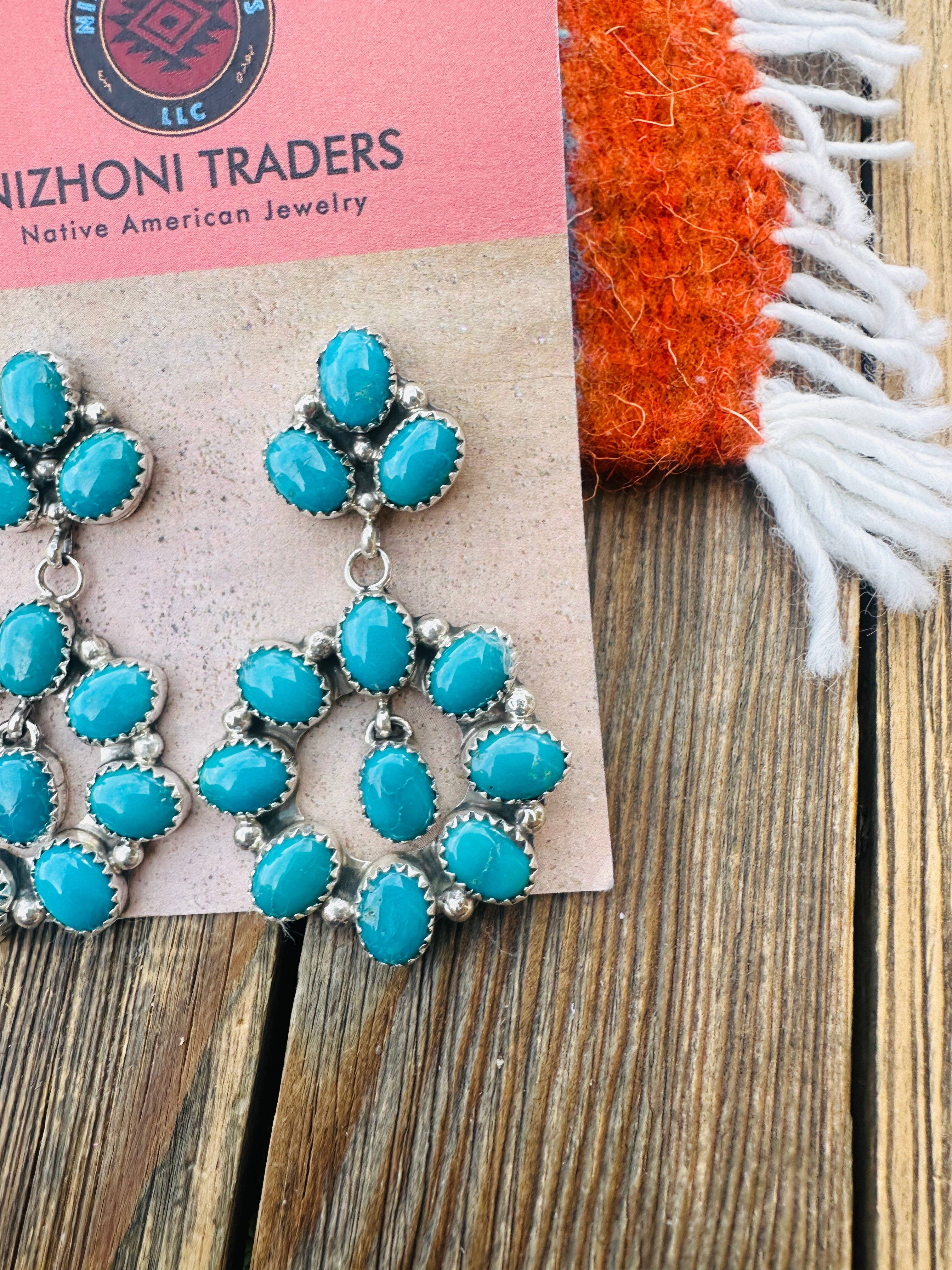 Handcrafted Emerald Valley Turquoise & Sterling Silver Cluster Dangle Earrings