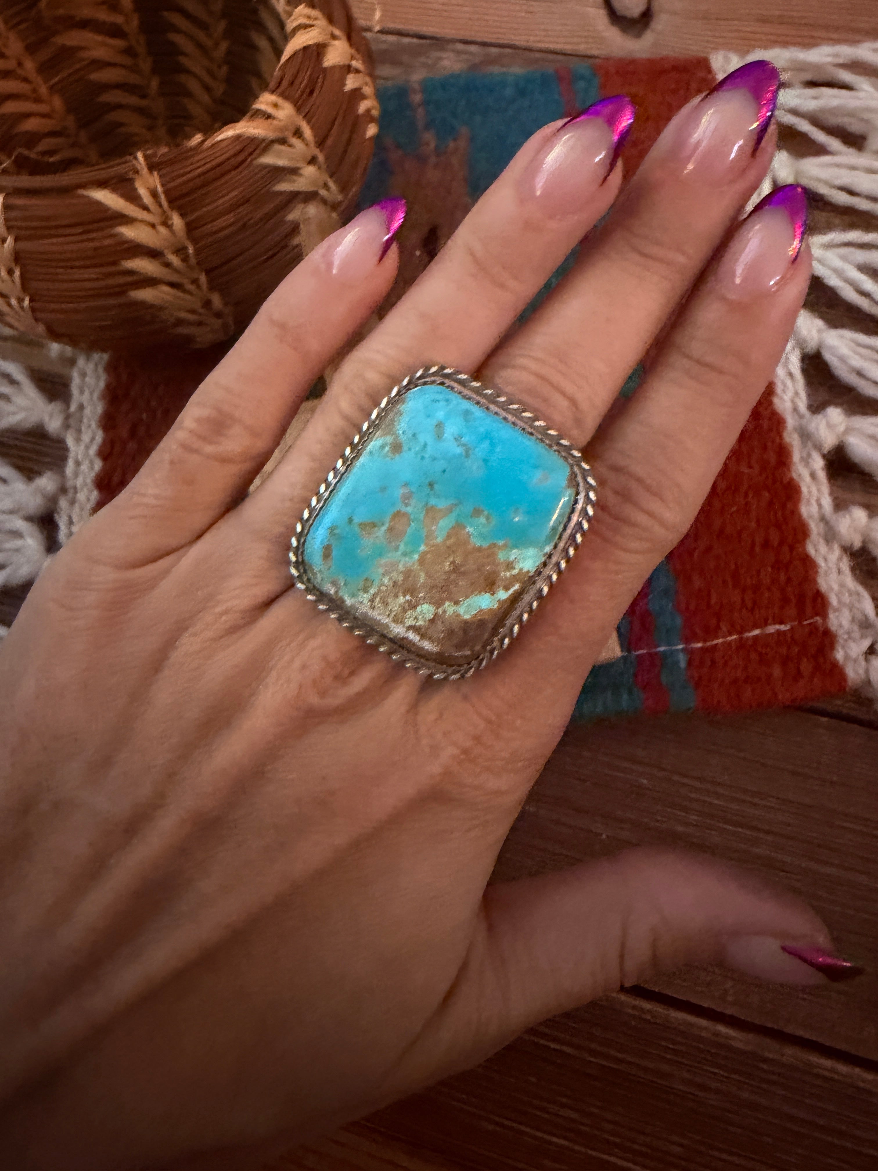 Handcrafted Royston Turquoise & Sterling Silver Ring Size 8.25 by Leslie Nez