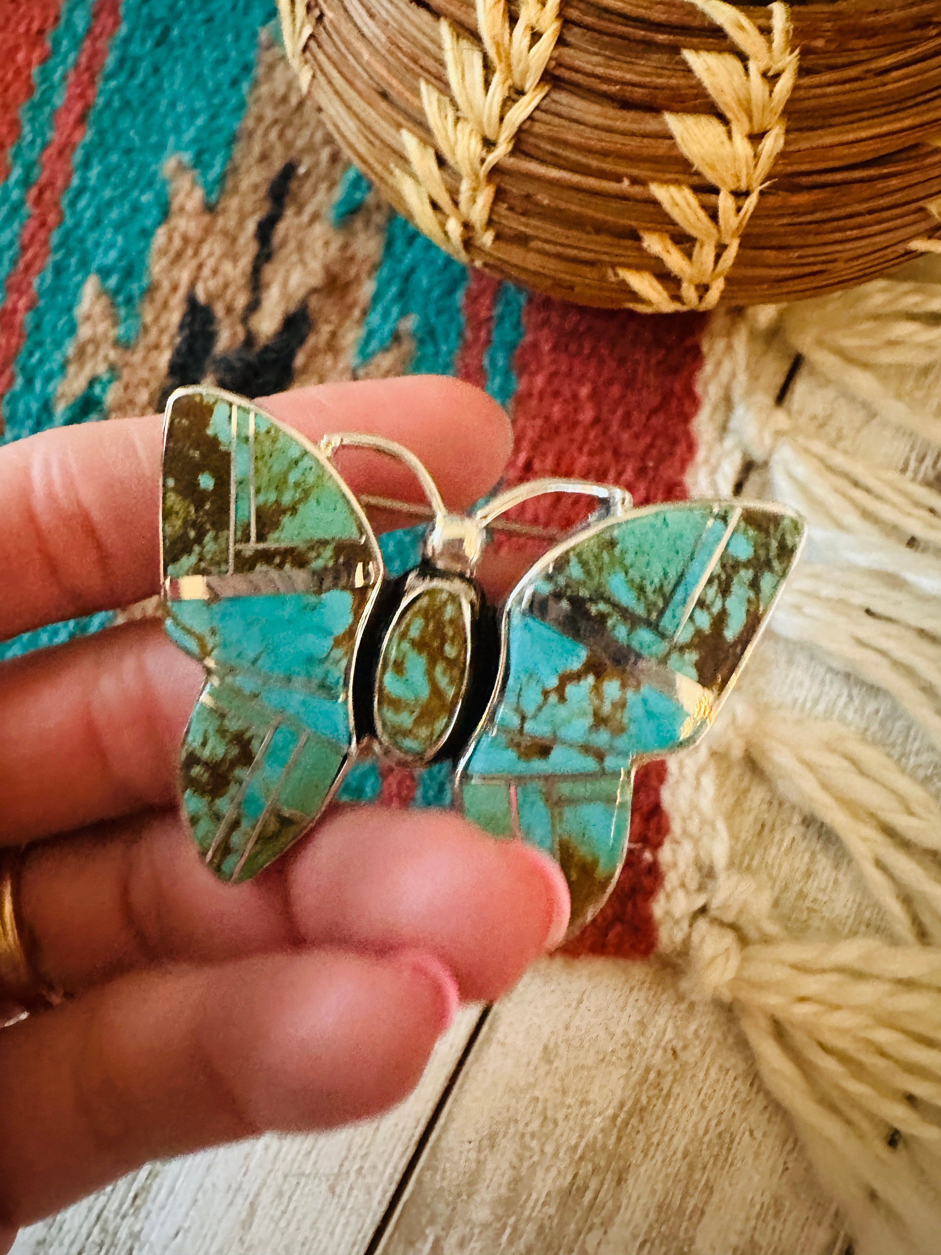 Handcrafted Number 8 Turquoise & Sterling Silver Butterfly Brooch / Pendant