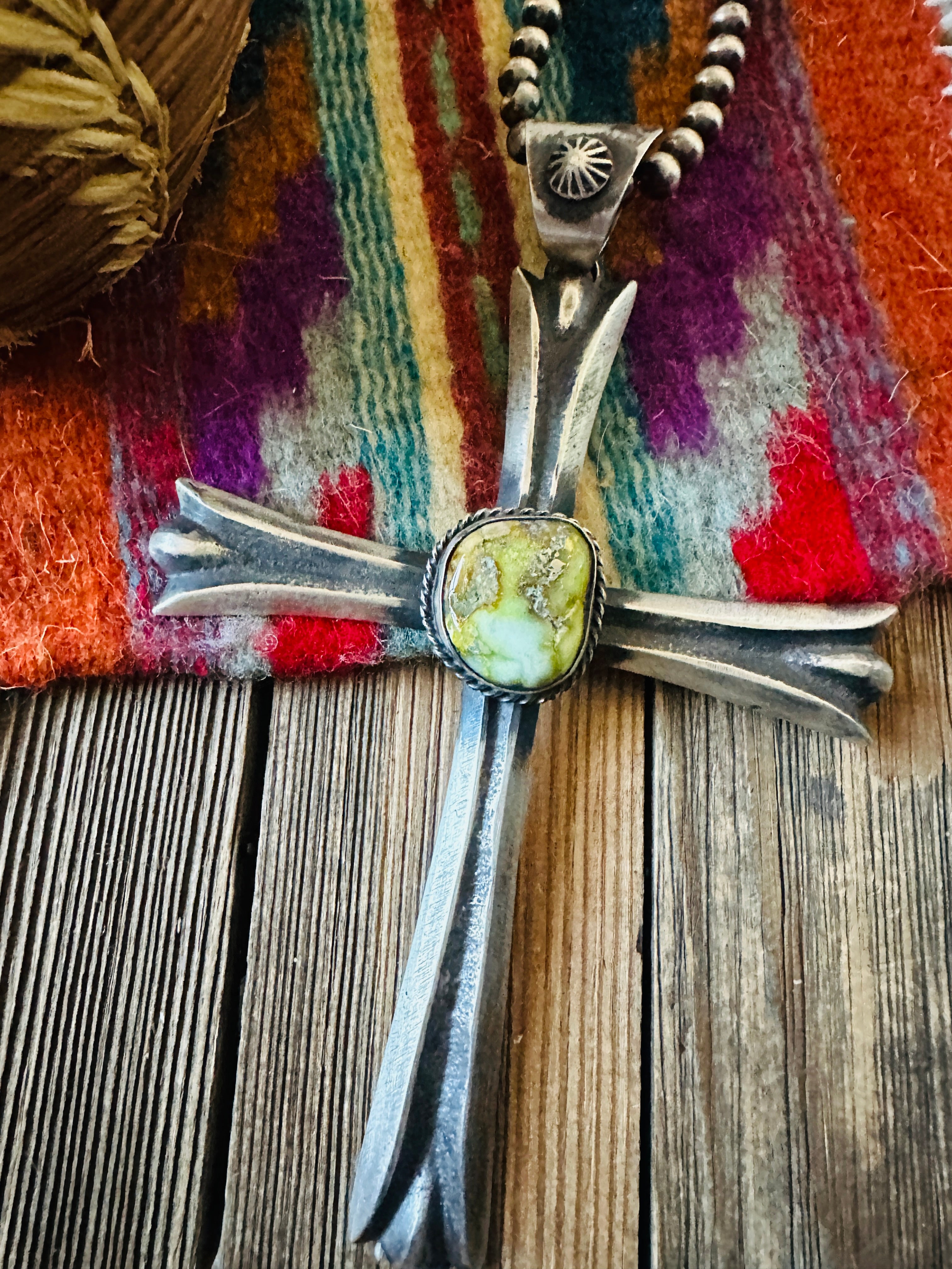 Handcrafted Carico Lake Turquoise & Sterling Silver Cross Pendant by Chimney Butte