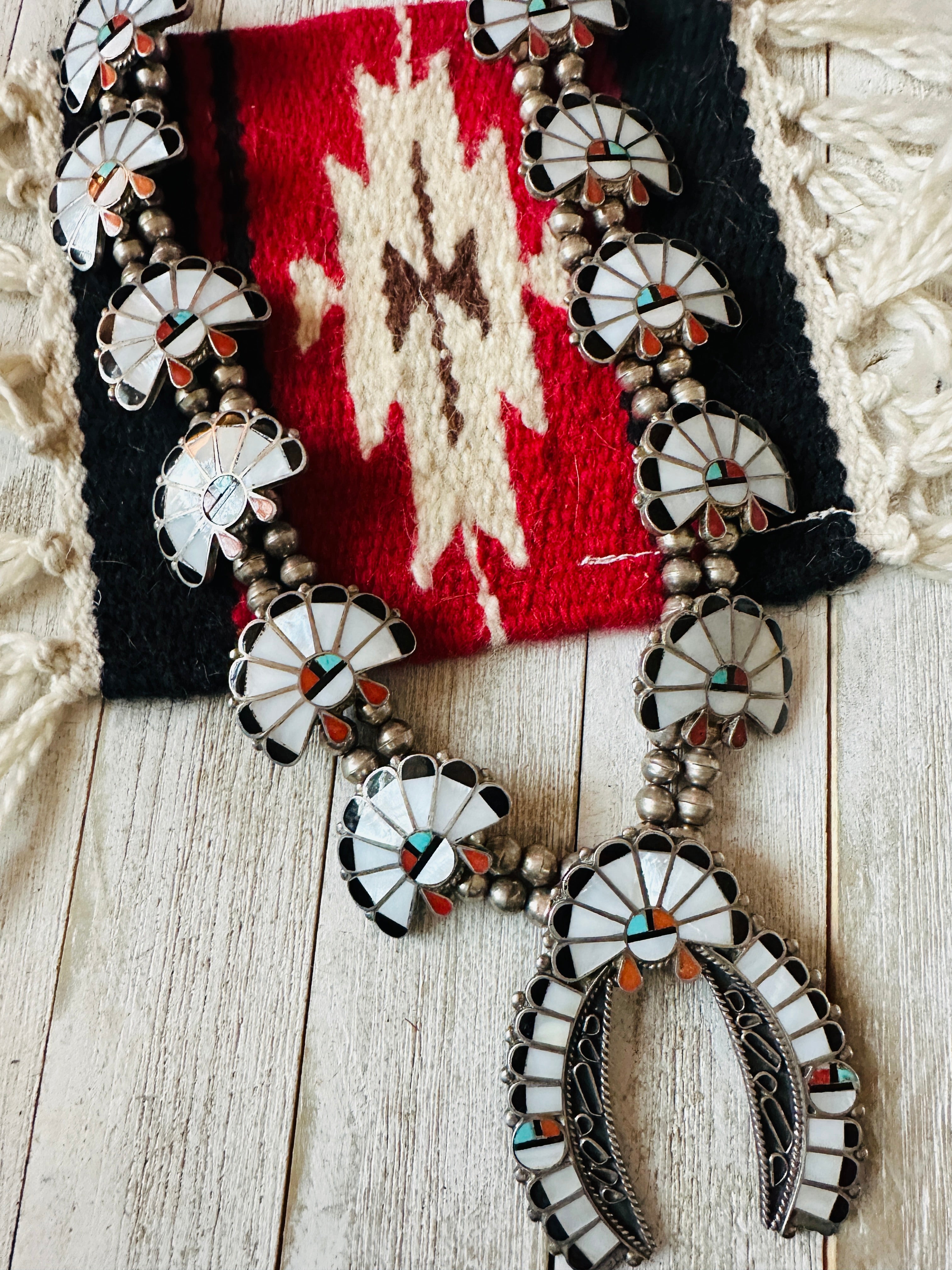 Vintage Old Pawn Sunface Multi Stone & Sterling Silver Beaded Squash Blossom Necklace