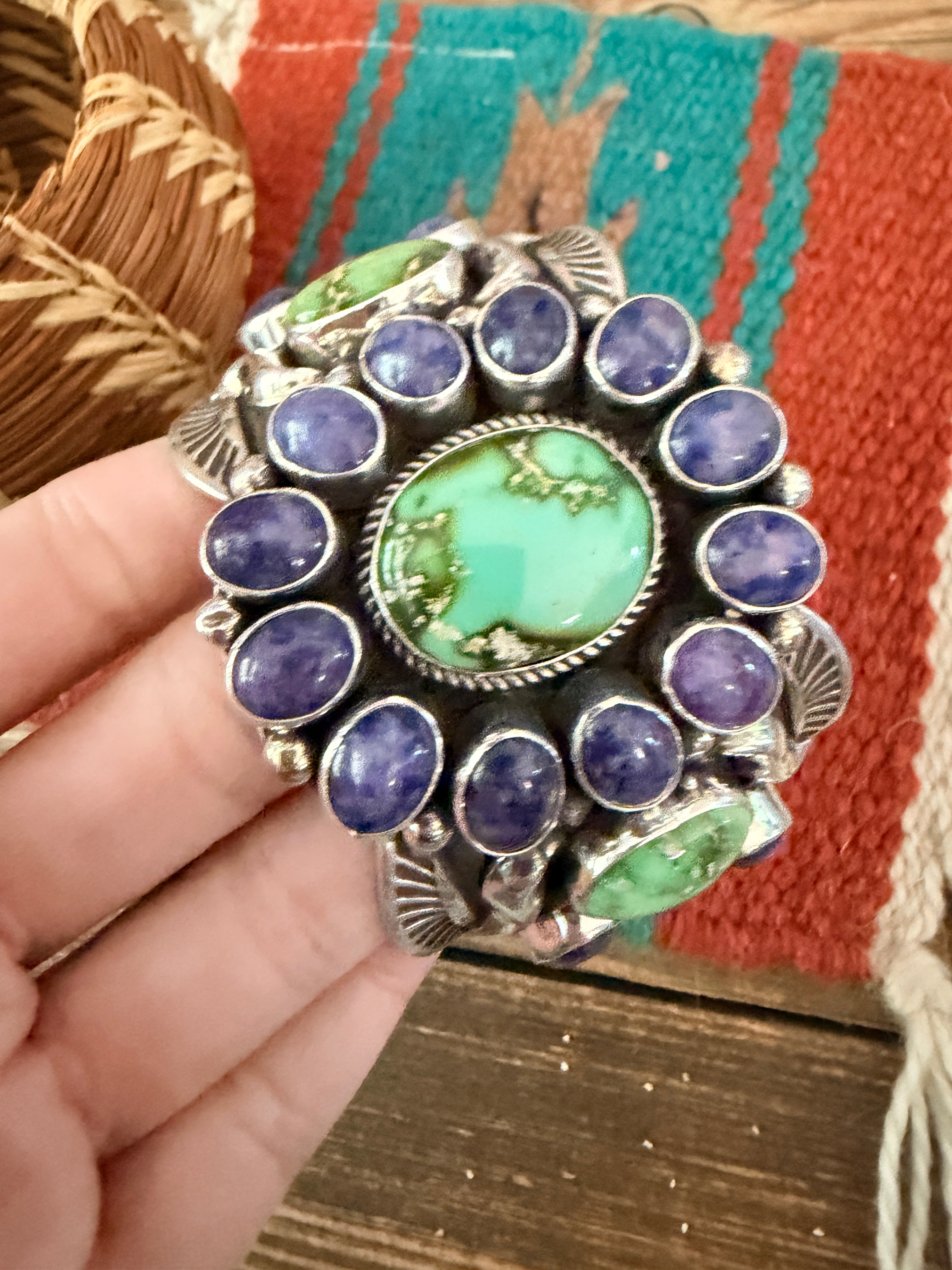 Handcrafted Sterling Silver, Charoite & Turquoise Cuff Bracelet by Albert Jake