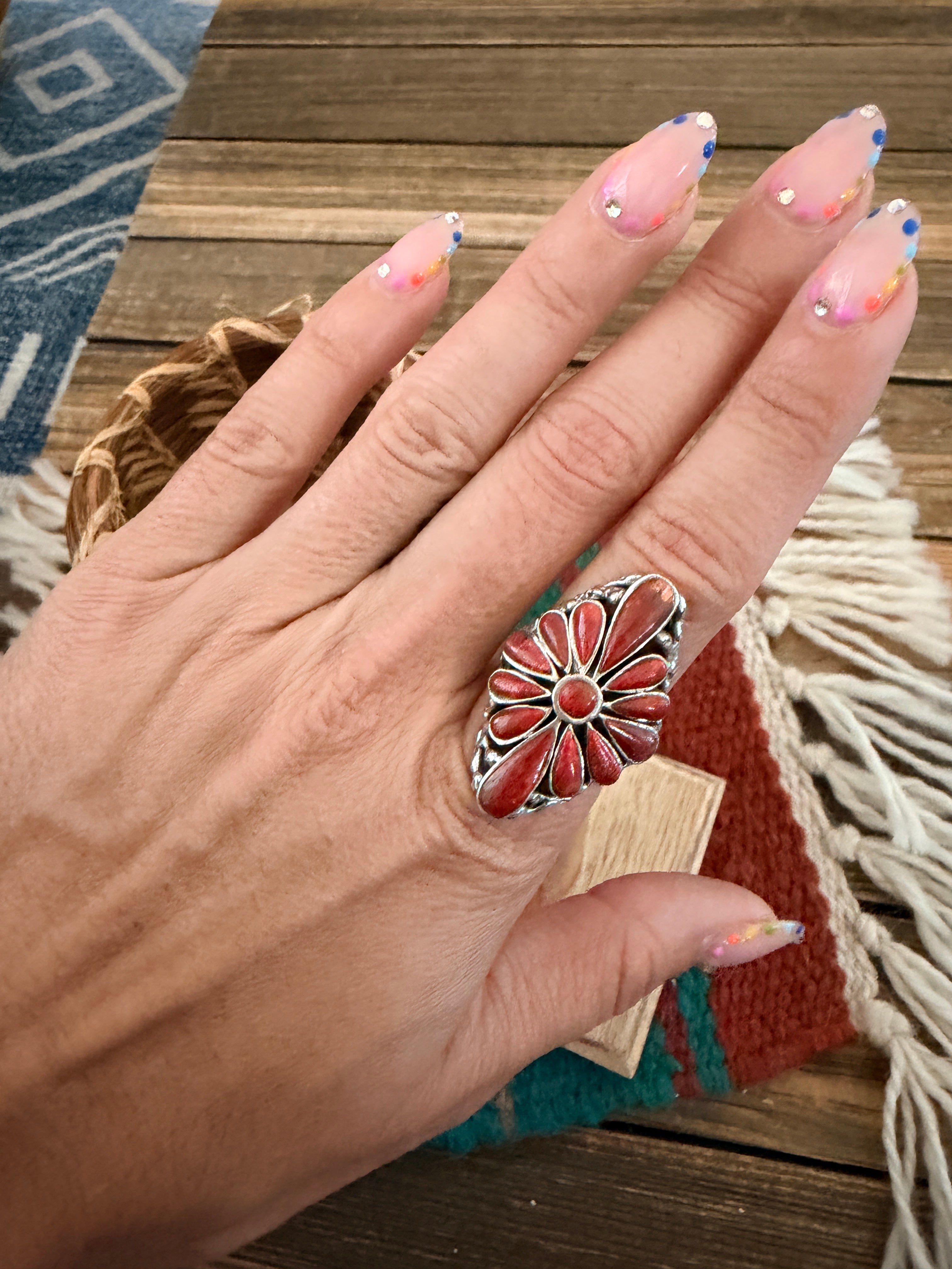 Handmade Sterling Silver and Coral Adjustable Ring