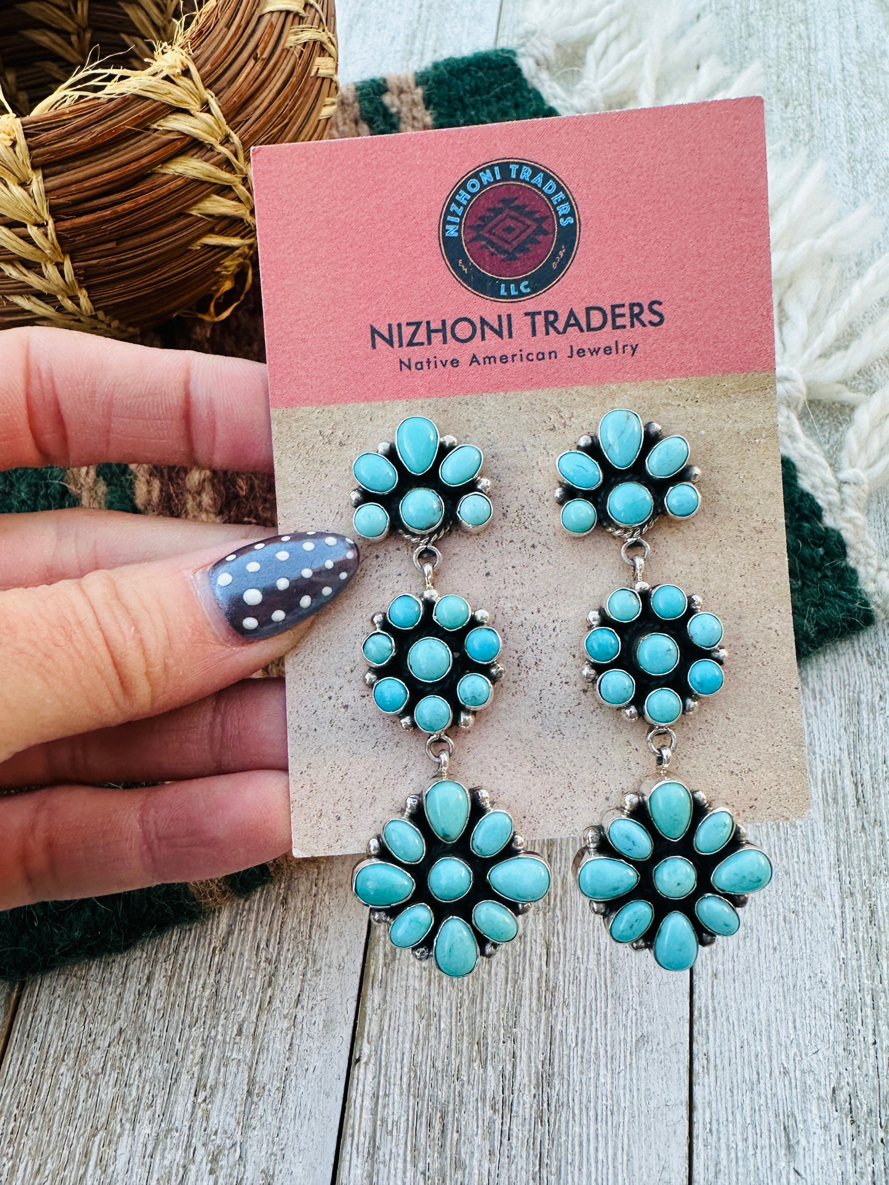 Handcrafted Old Pawn Kingman Turquoise And Sterling Silver Cluster Dangle Earrings