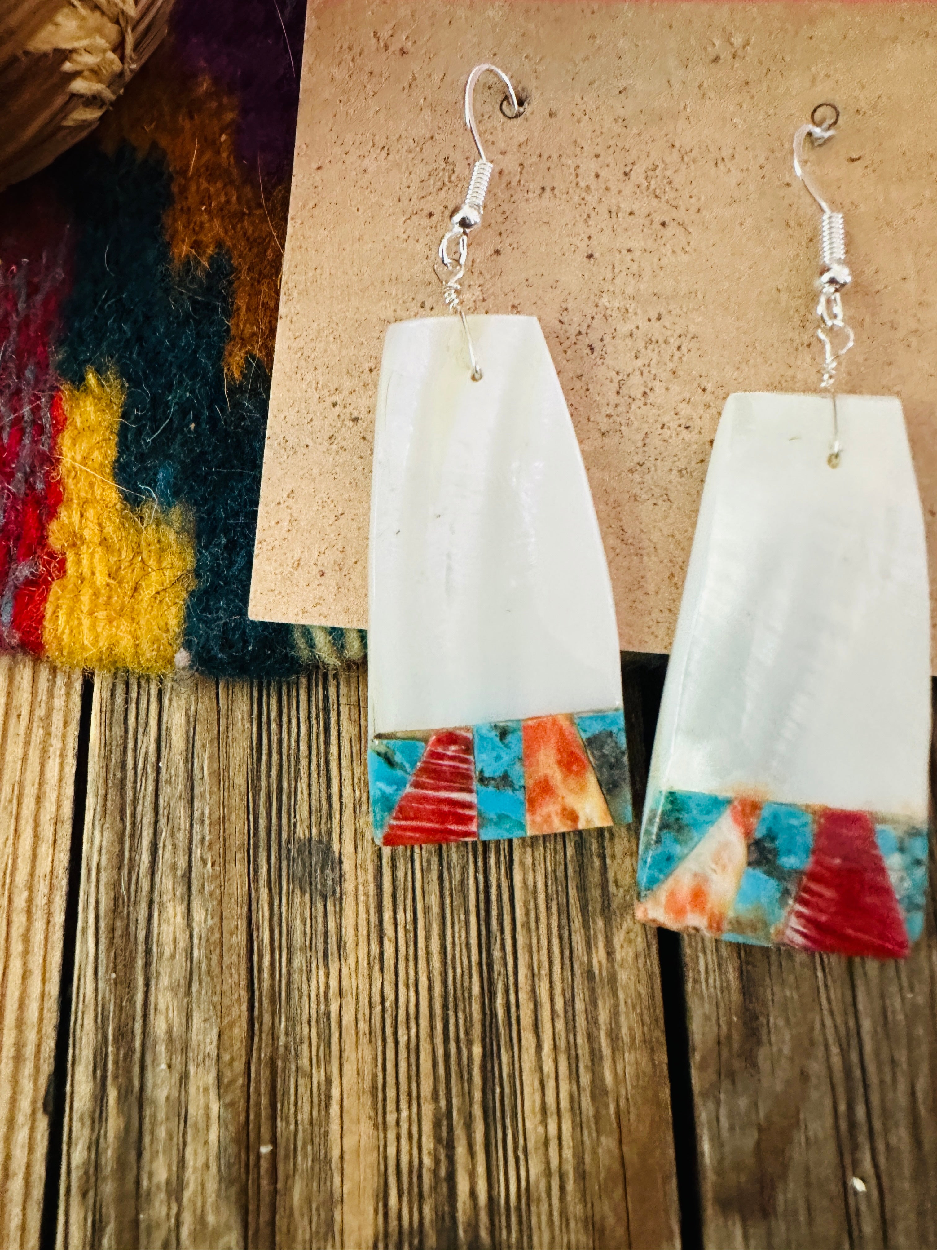 Handcrafted Mother of Pearl, Spiny Oyster, Turquoise Slab Dangle Earrings