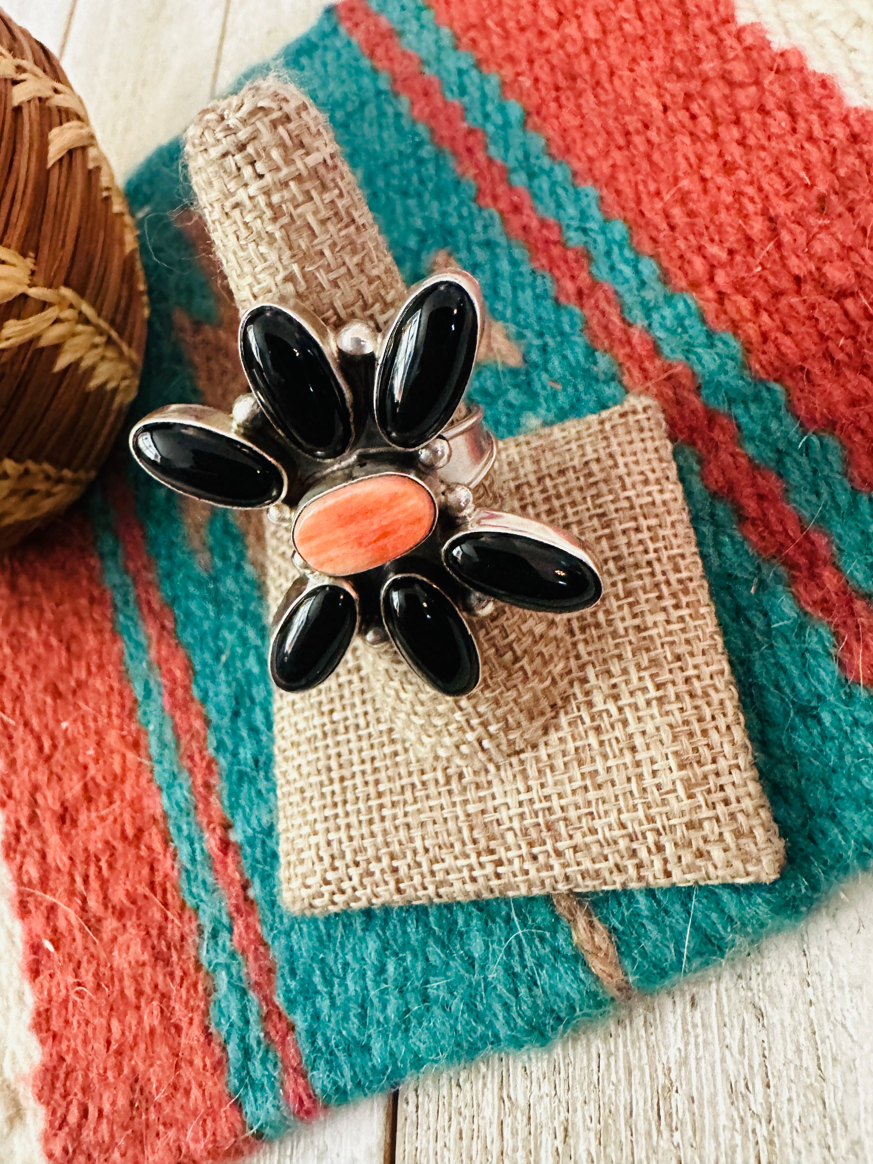 Handcrafted Onyx, Spiny Oyster & Sterling Silver Adjustable Ring by Jacqueline Silver