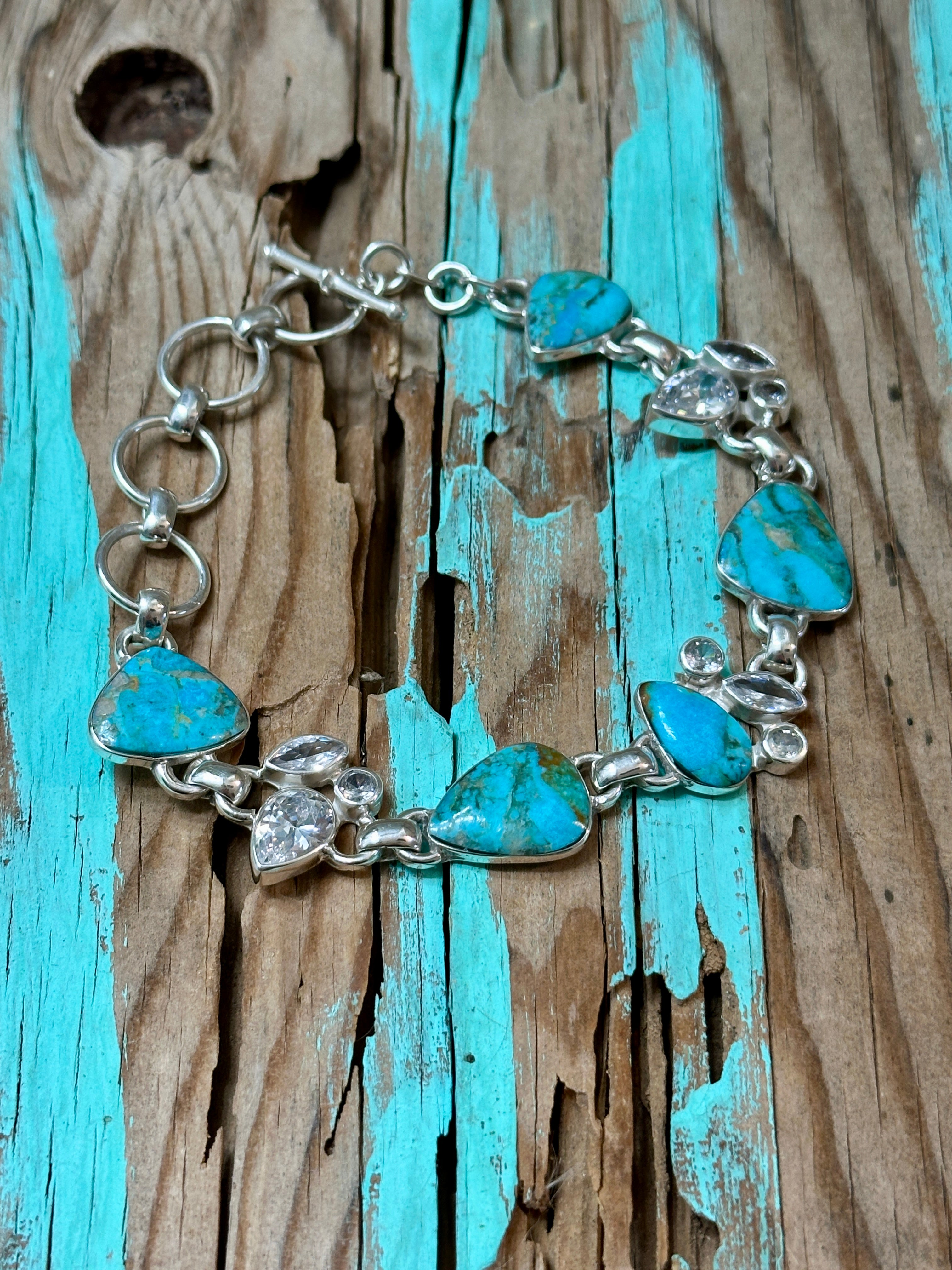 Turquoise 5 Stone & CZ Sterling Silver Bracelet