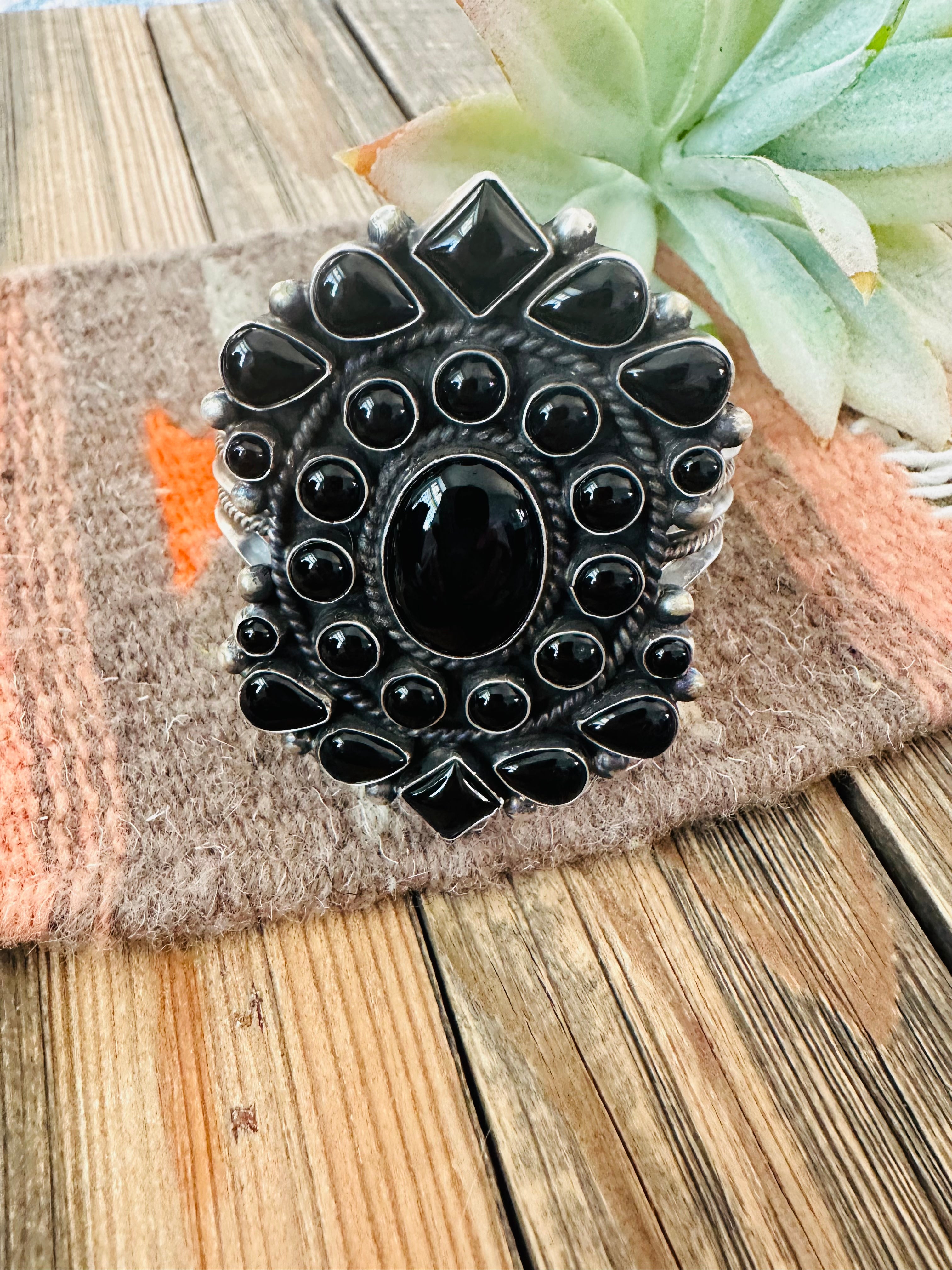 Black Onyx & Sterling Silver Cluster Cuff Bracelet /