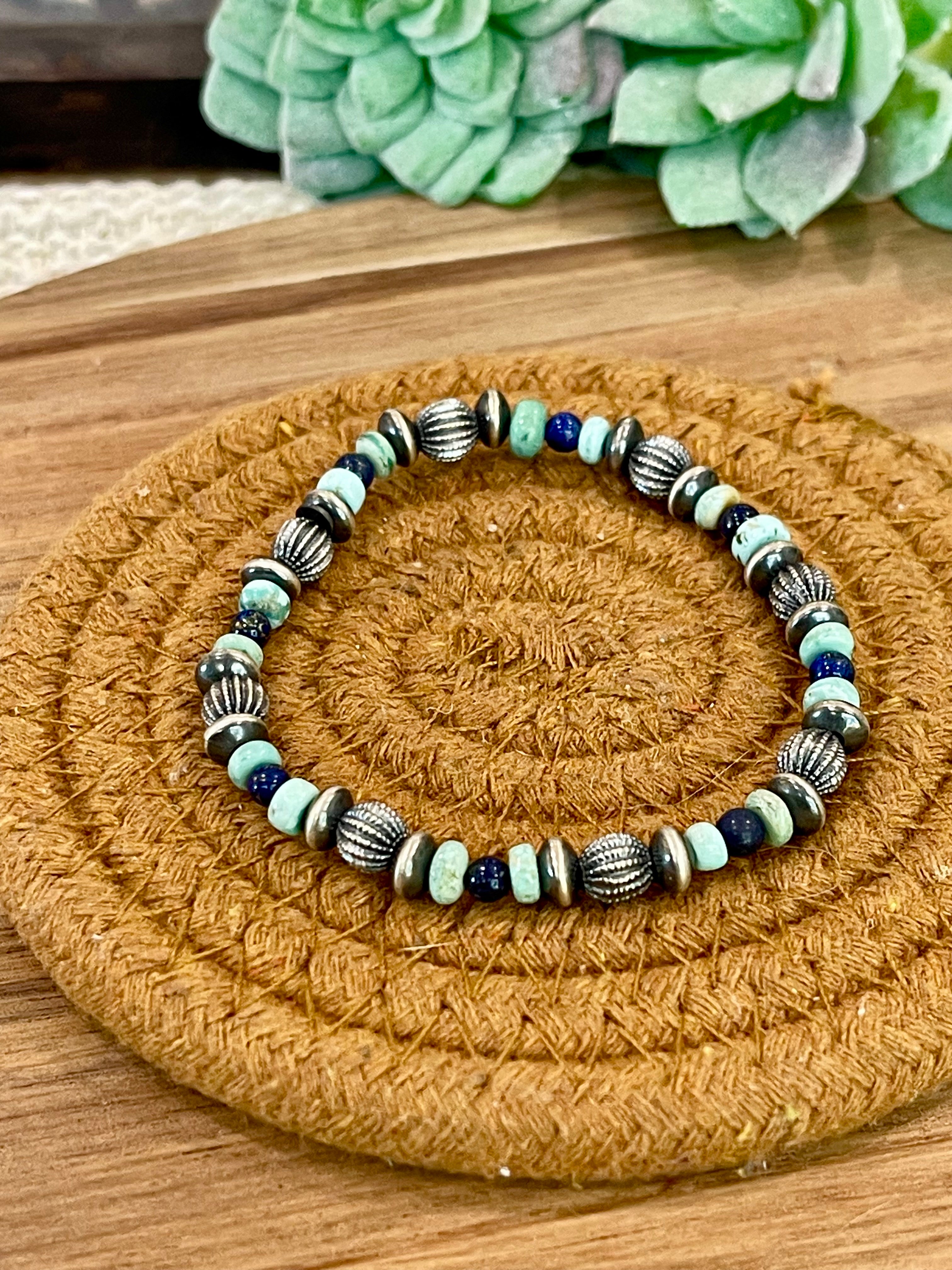 Handmade Sterling Silver, Turquoise & Lapis Beaded Bracelet with Signed Nizhoni