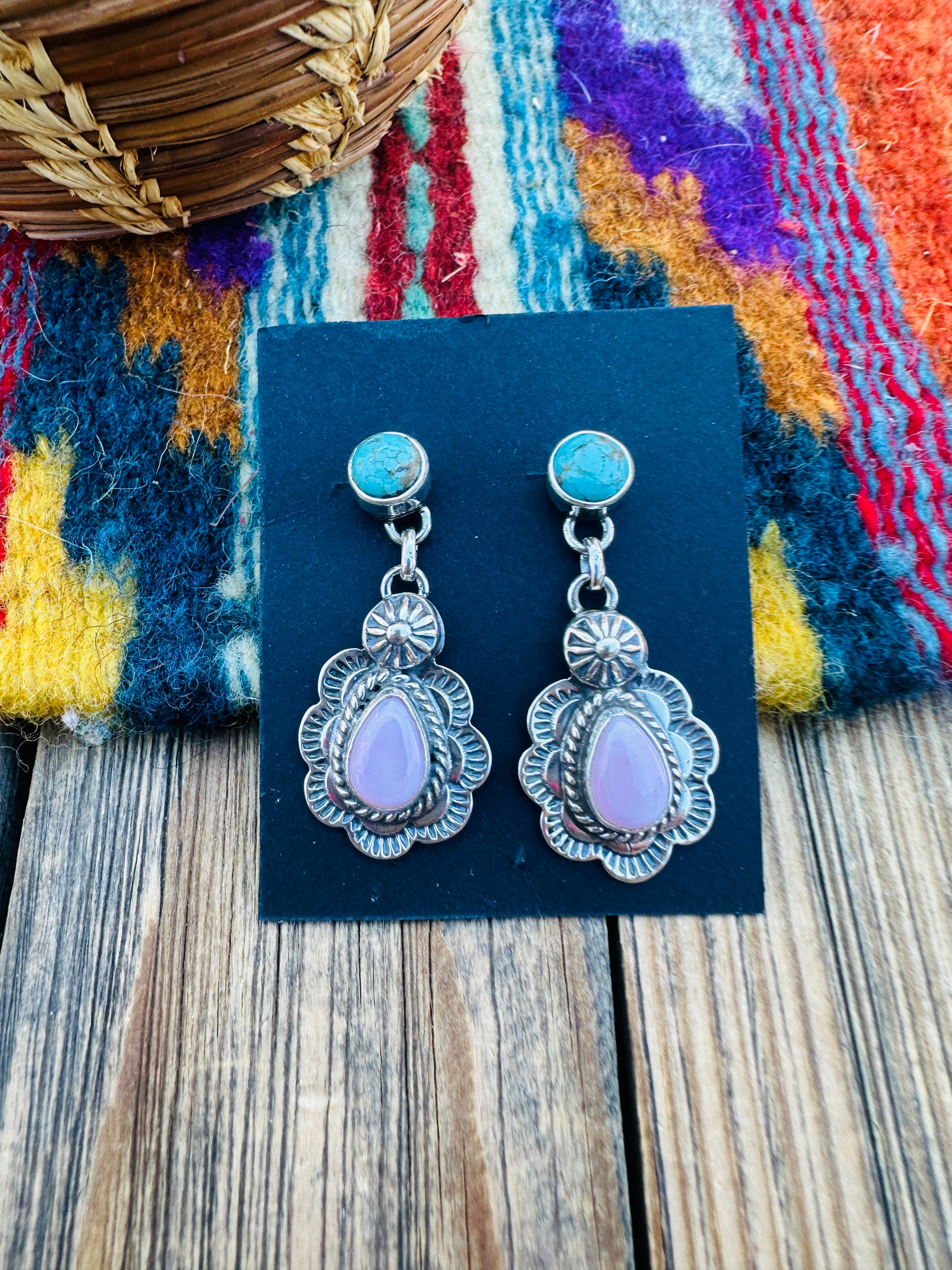 Handcrafted Sterling Silver, Turquoise & Queen Pink Conch Dangle Earrings
