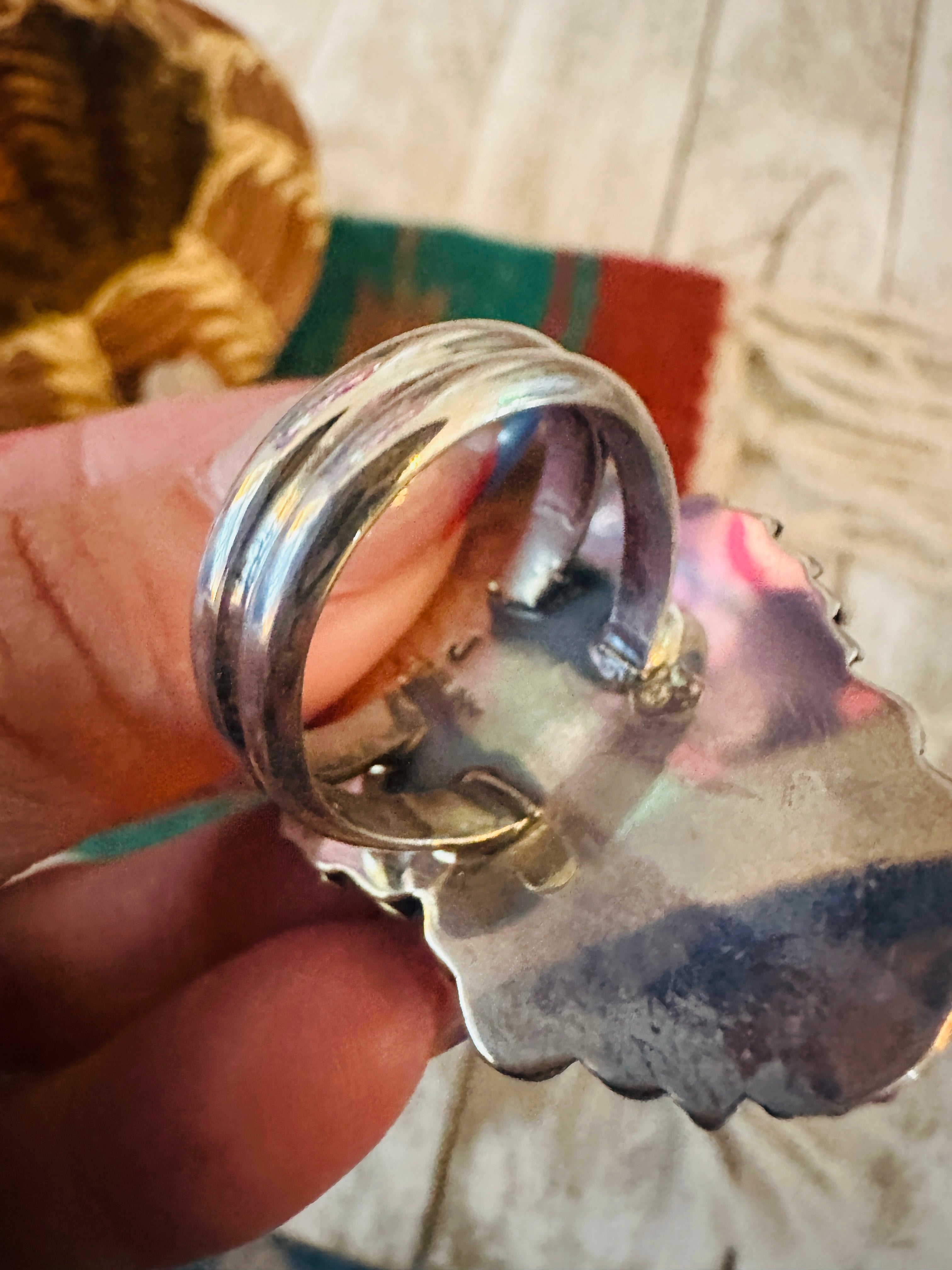 Handcrafted Turquoise, Coral & Sterling Silver Ring Size 9